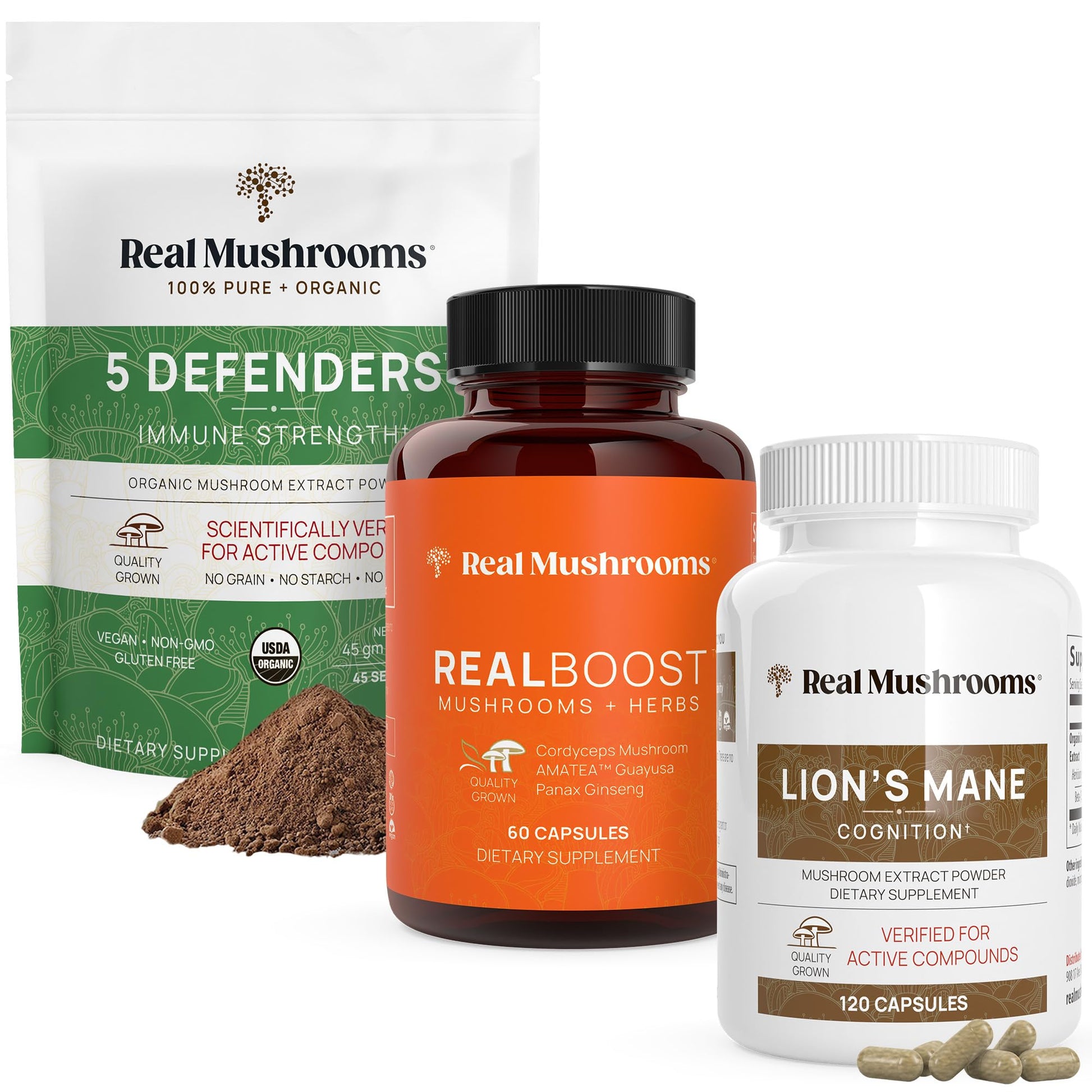 Real Mushrooms RealBoost Lions Mane & 5 Defenders Capsules Bundle, 3-Pack