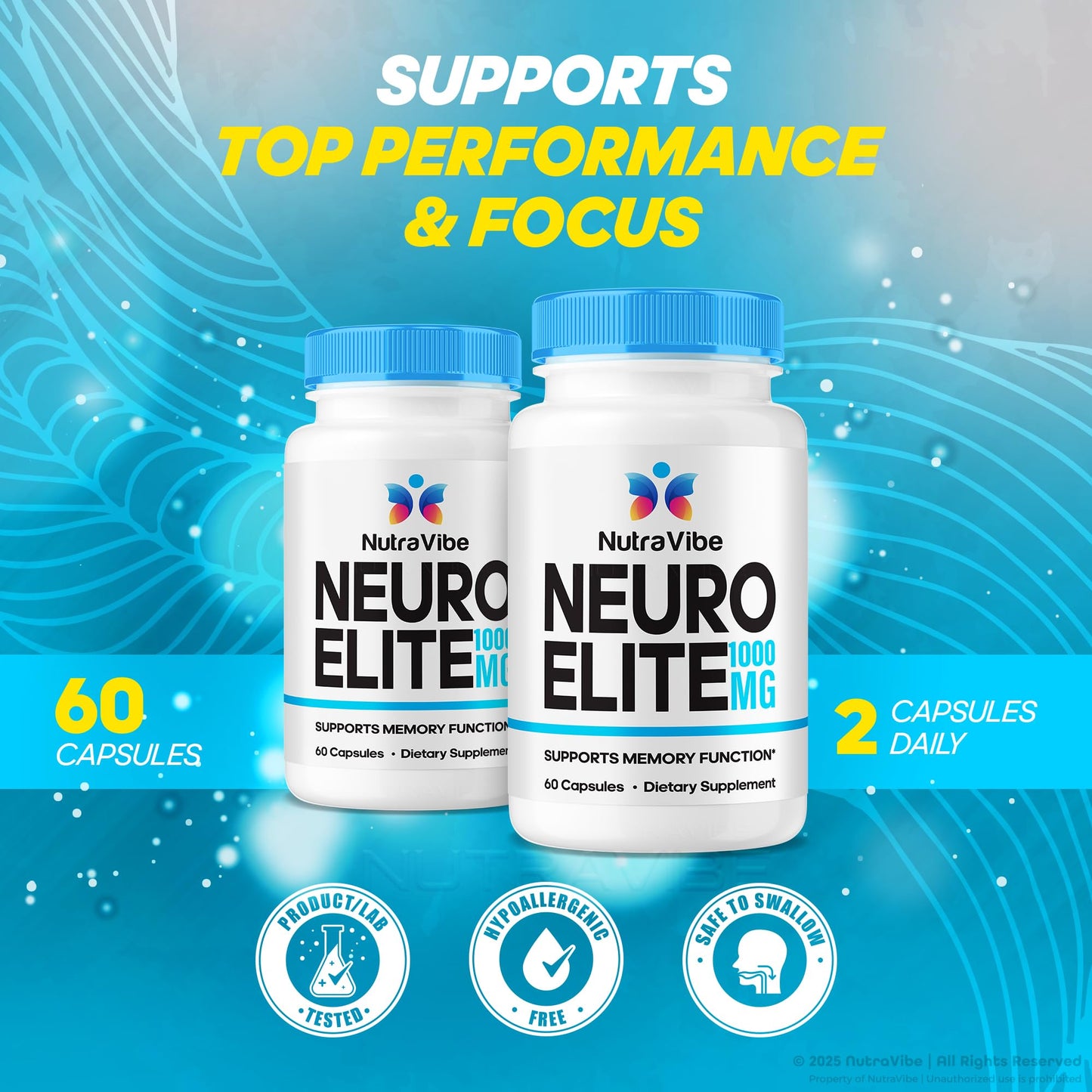NutraVibe Neuro Elite – The Natural Memory Support Formula with a Clean, Potent Blend to Support Sharp Focus, Clarity, Attention & Clear Thinking | NeuroElite Easy-to-Swallow Smart Pills 60 Capsules
