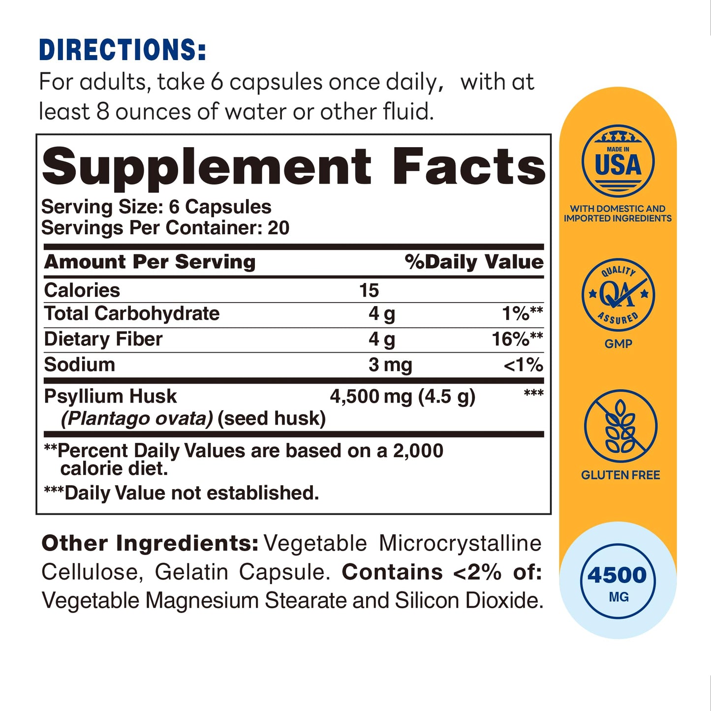 Vitamin World Psyllium Husks Capsules 4500mg Per Serving, 120 Count