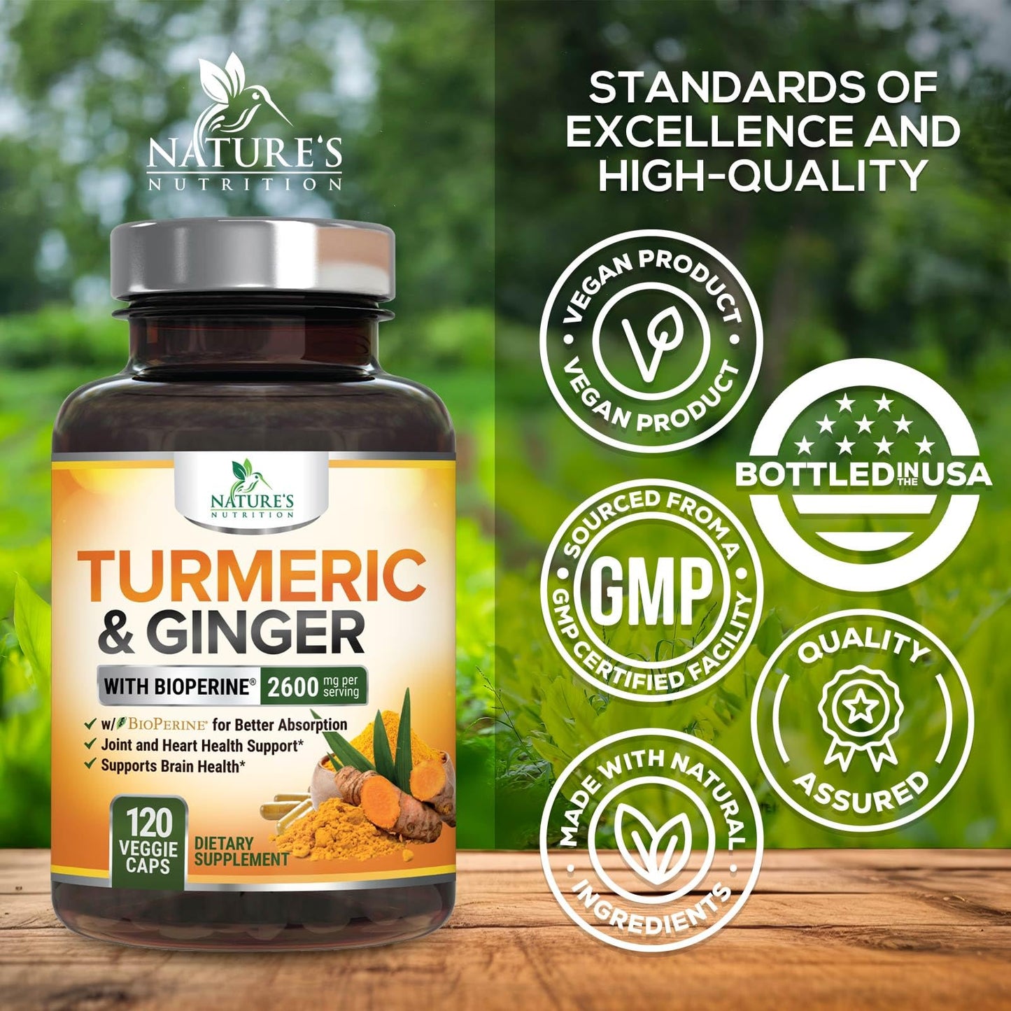 Nature's Nutrition Turmeric Curcumin Supplement - 2000mg Organic Turmeric Per Serving - 95% Curcuminoids, Ginger & BioPerine Black Pepper for Best Absorption - Natural Vegan Joint Support, Capsule, 120 Count