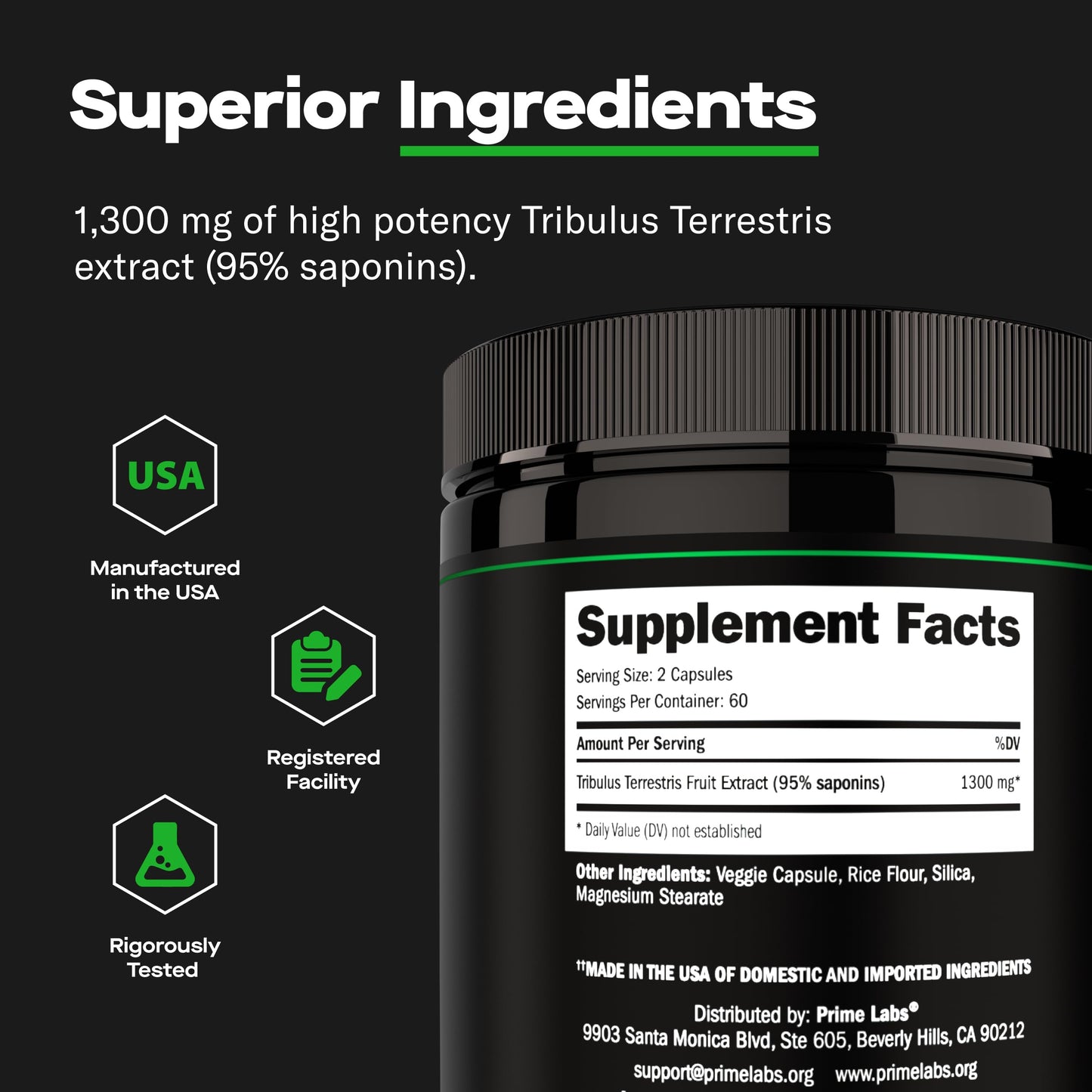 Prime Labs Tribulus Terrestris for Men 1300mg Enhanced with 95% Saponins - Energy, Vitality, Strength Capsules, 120 Count