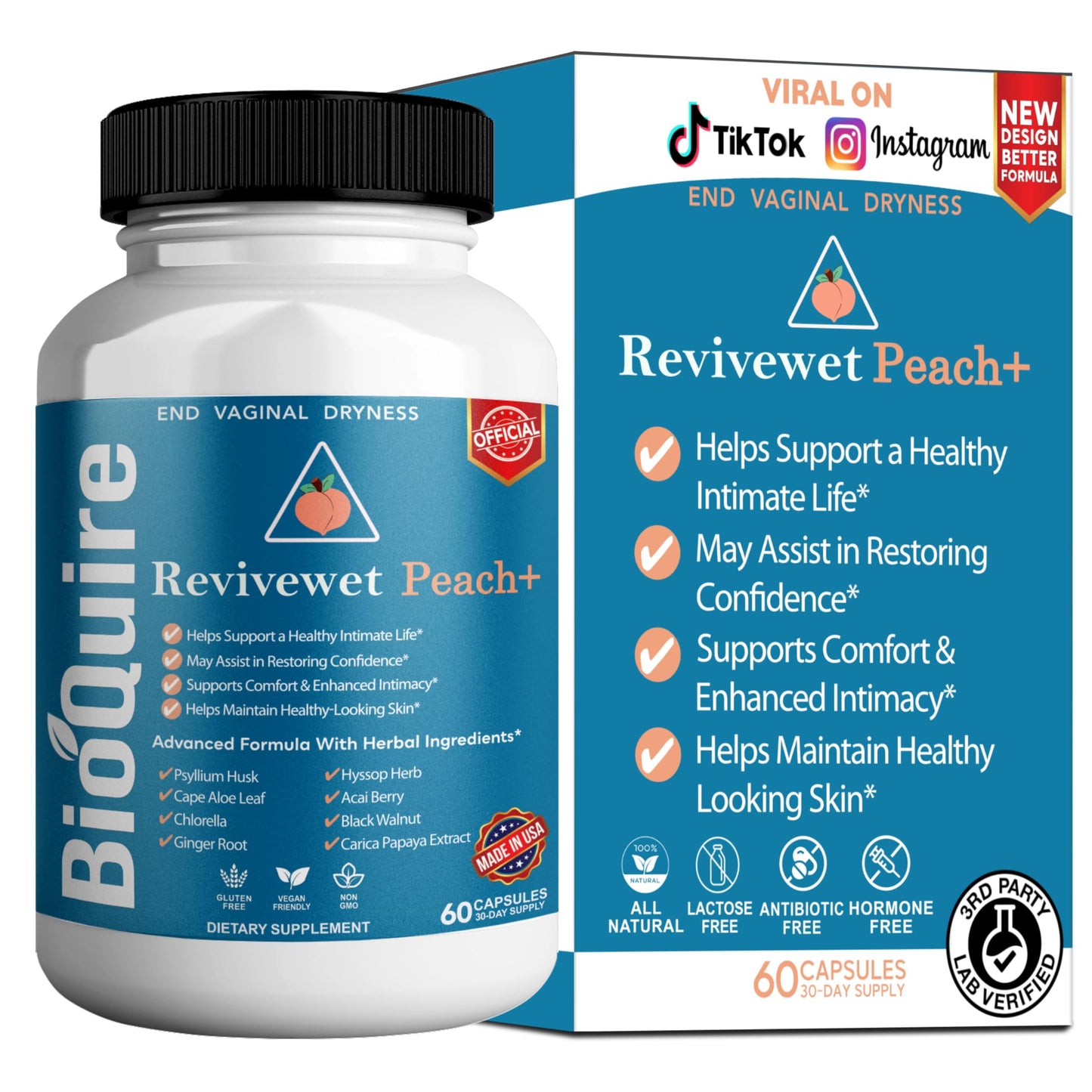 BIOQUIRE Revivewet Peach+ Vaginal Dryness Support Supplement, 60 Capsules