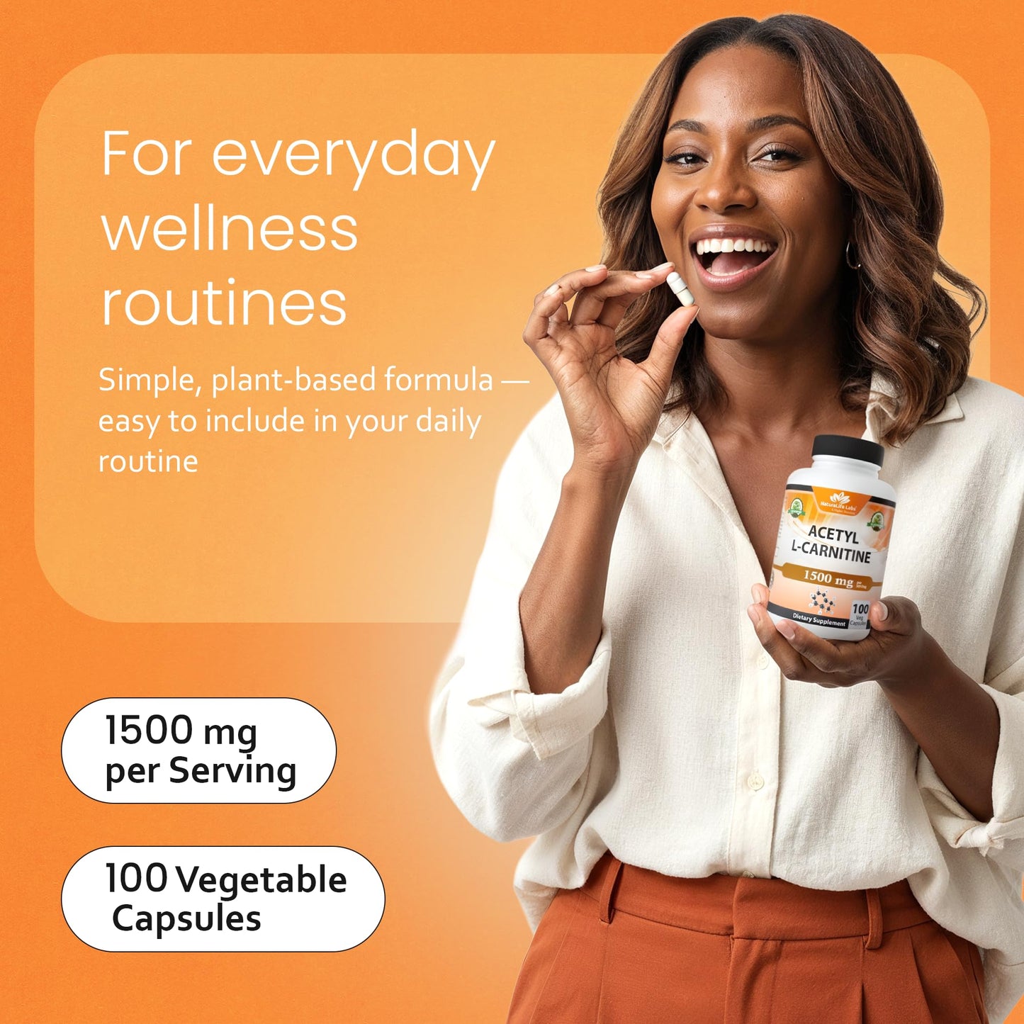 NaturaLife Labs Acetyl L-Carnitine (ALCAR) 1500 mg per Serving, 100 Capsules