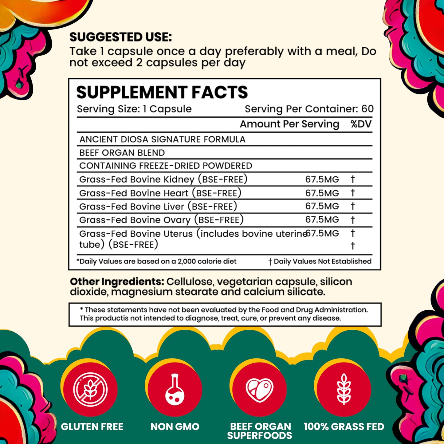 ANCIENT DIOSA Female-Focused Beef Organ Complex Supplement, 60 Capsules