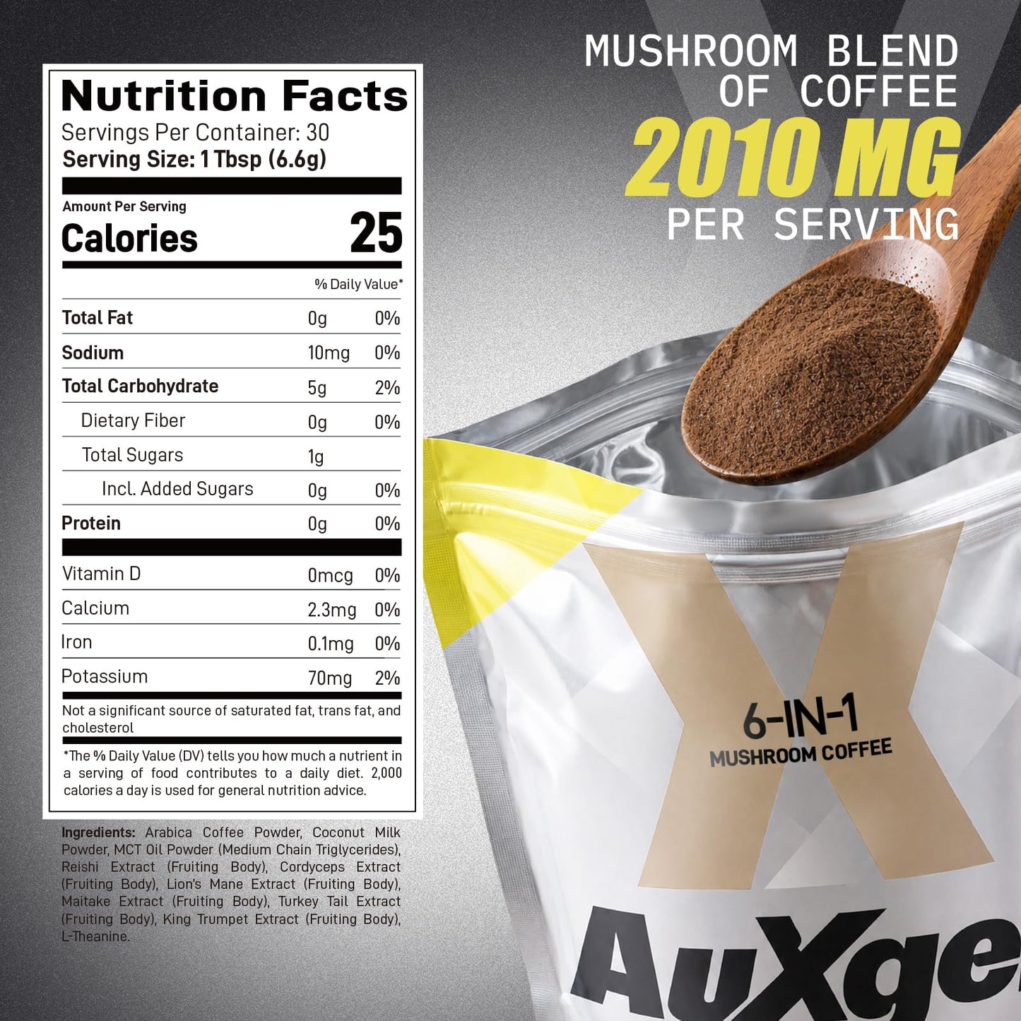 Auxgen 6-Mushroom Instant Coffee Powder for Focus & Energy, 6.35 Ounce