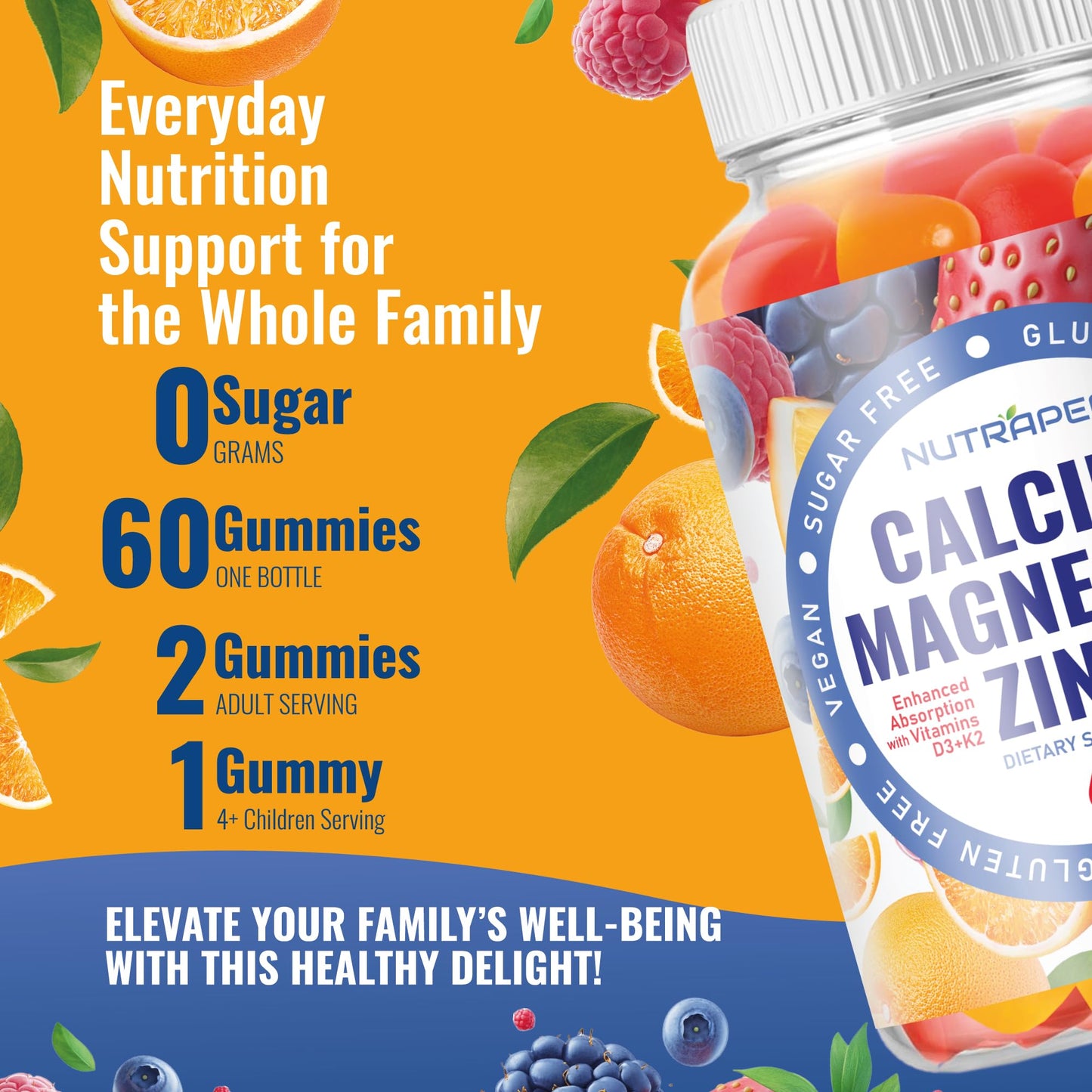 NutraPep Calcium Magnesium Zinc Supplement Gummies With Vitamin D3 K2, Magnesium Glycinate, 60 Gummies