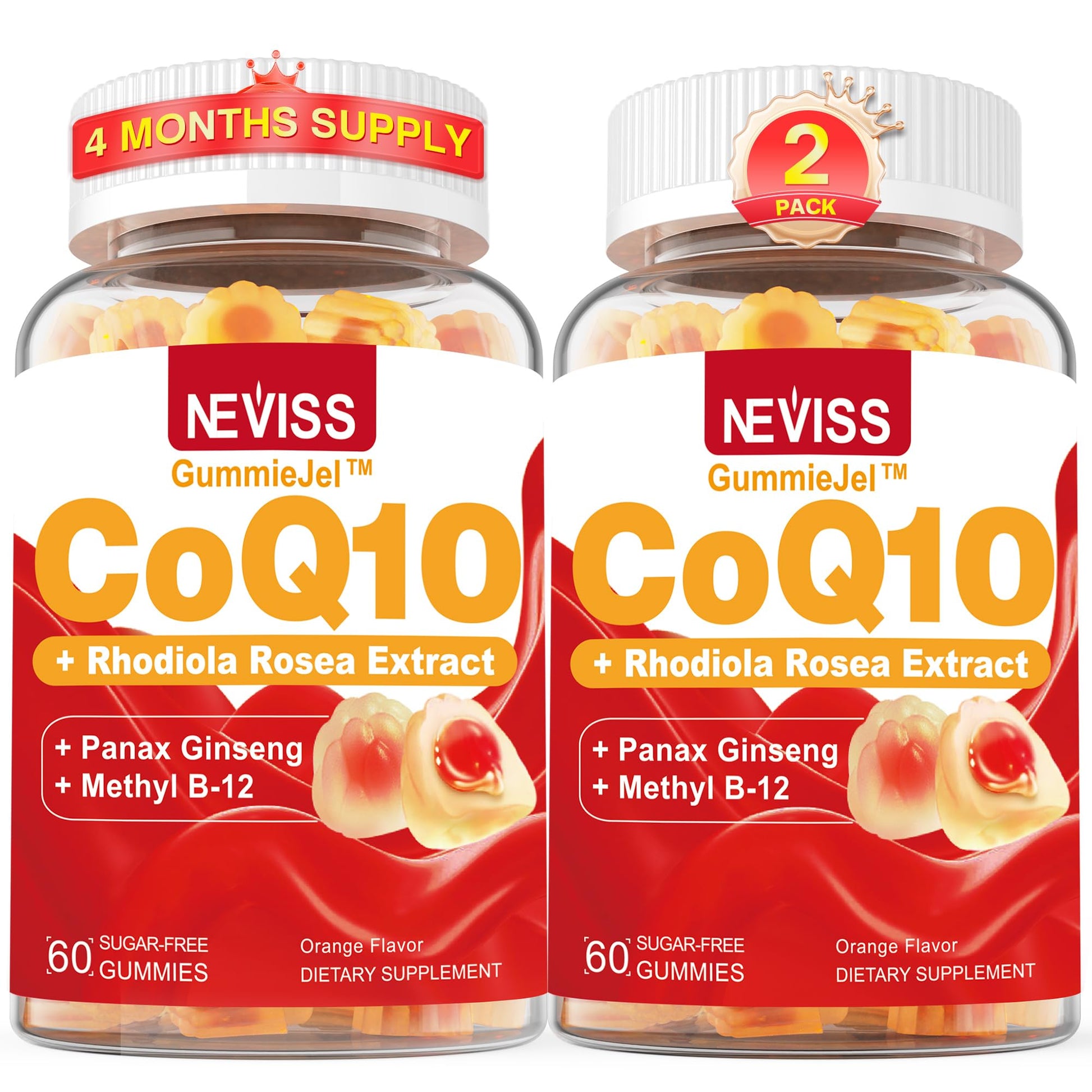 NEVISS Sugar Free CoQ10 200mg/400mg + Rhodiola Rosea Gummies, 120 Count