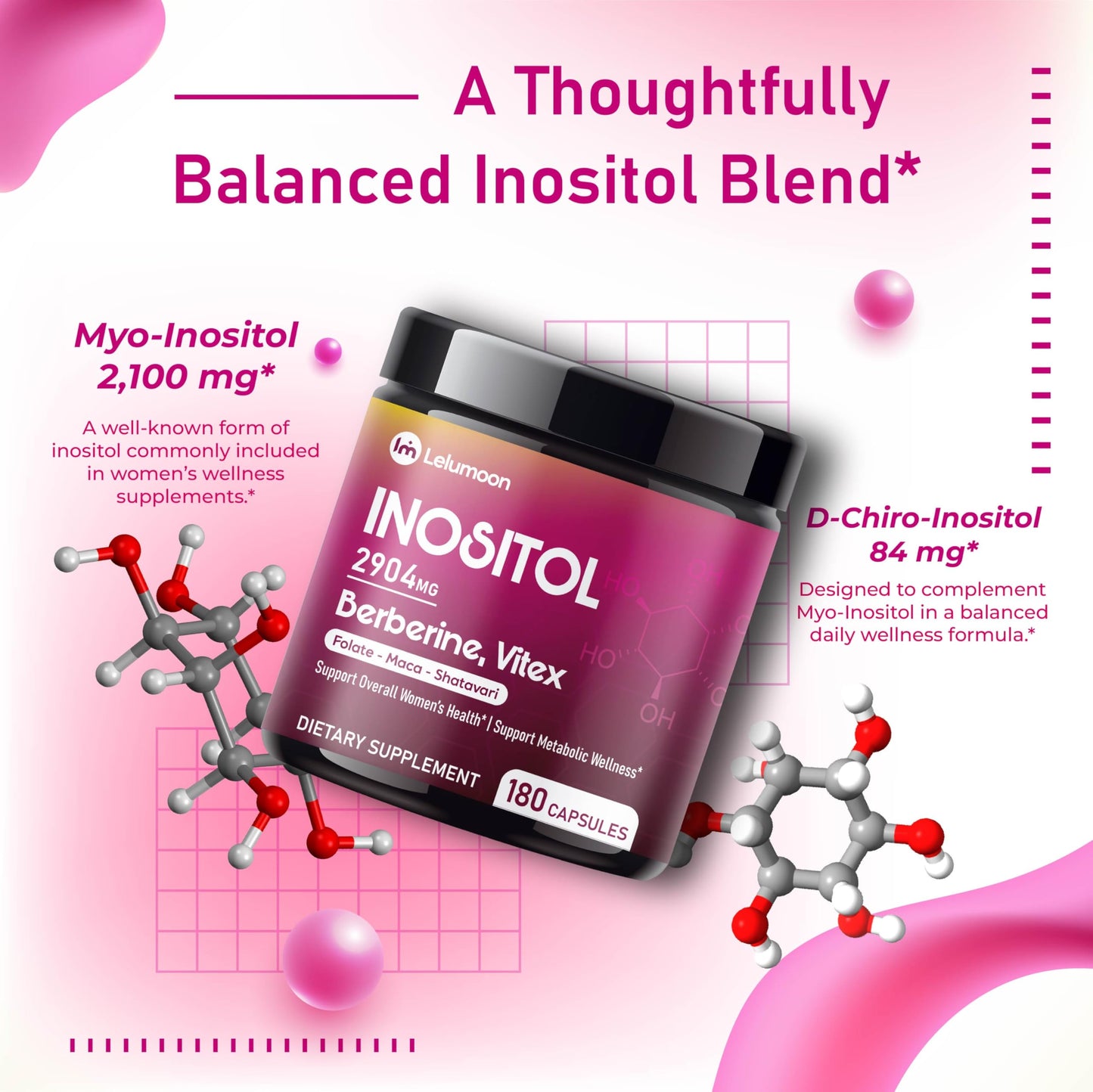 LELUMOON Inositol 2904 mg with Berberine, Vitex, Ashwagandha & Shatavari Capsule, 180 Capsules