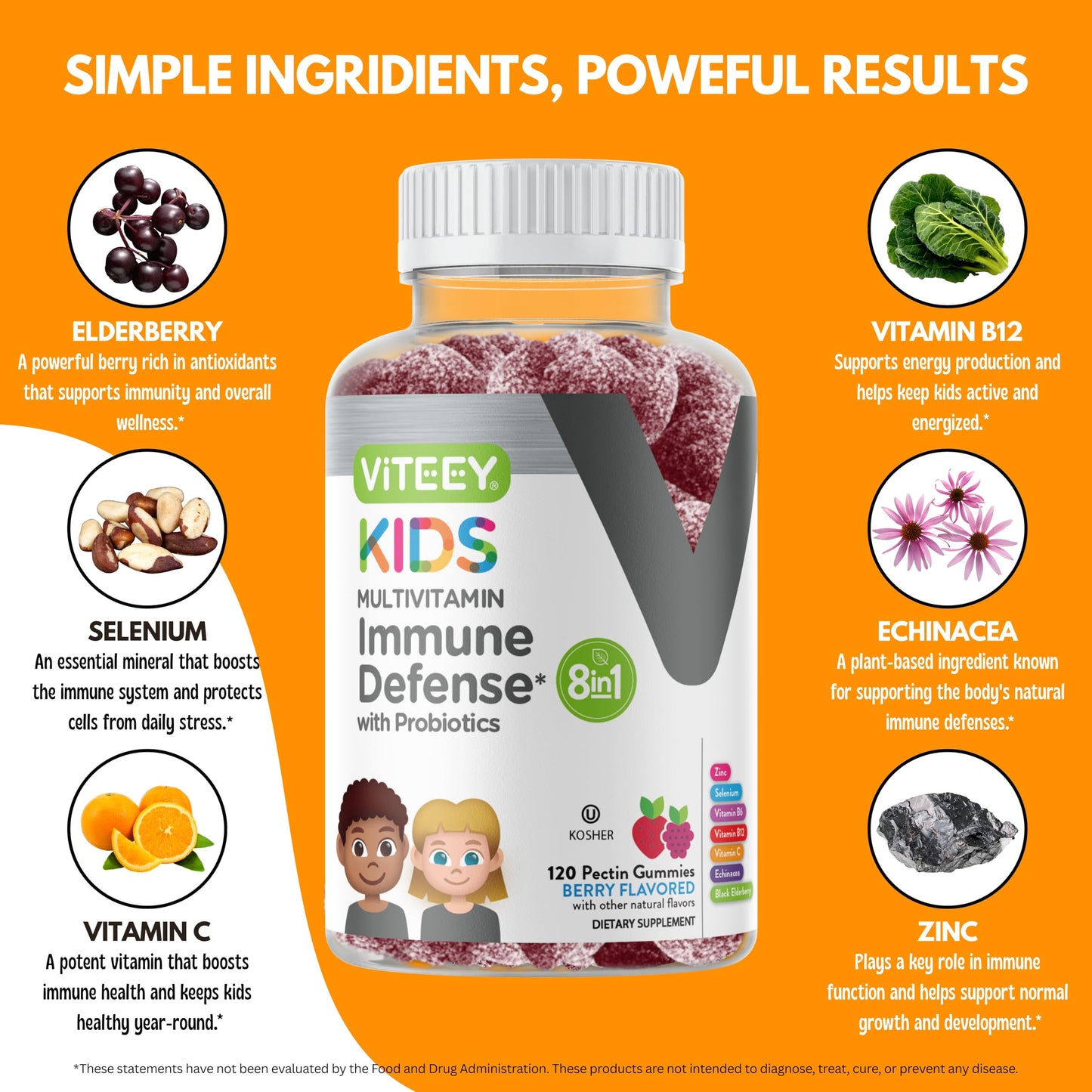 Viteey Kids Multivitamin Gummies with Probiotics - 8-1 Kids Vitamins Gummy, 120 Count