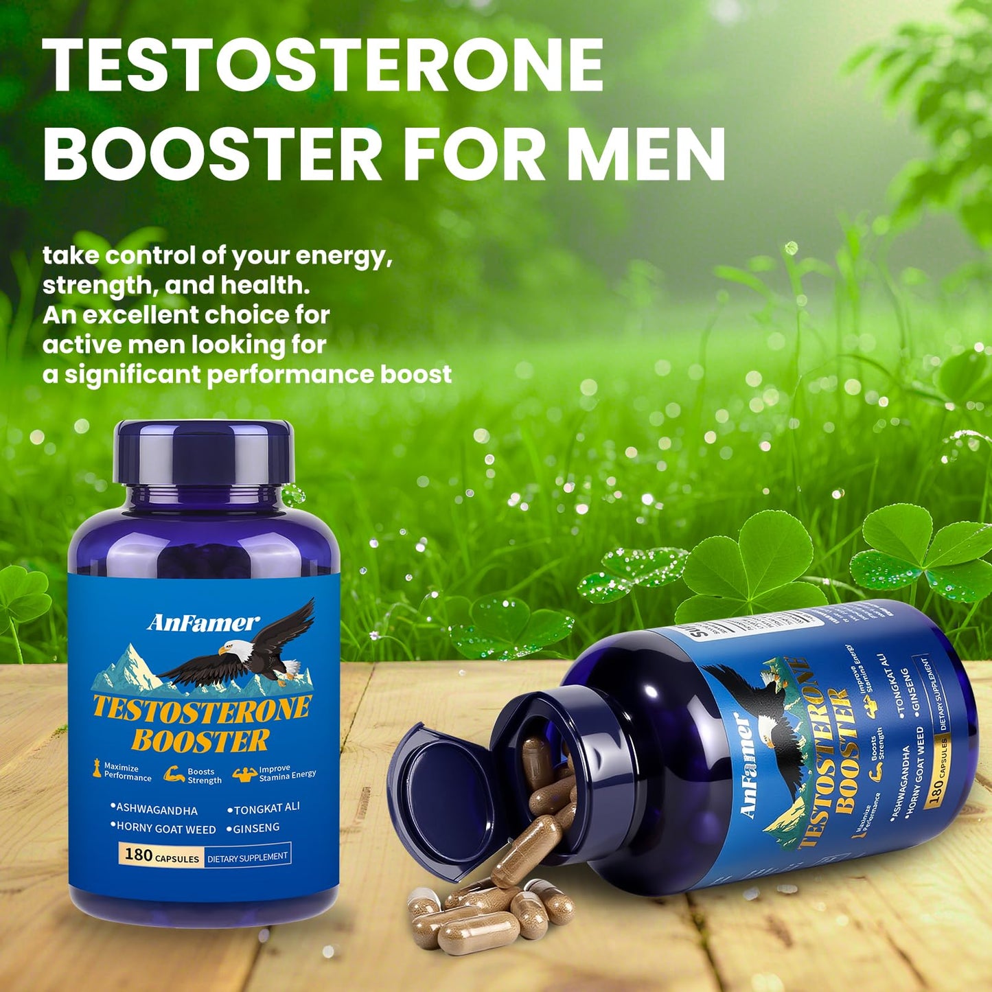 AnFamer Testosterone Booster for Men with Ashwagandha, L-Arginine, Tongkat Ali, Tribulus, Natural Testosterone Supplement for Men Workout, Strength Booster, Performance and Building Muscle, 180 Capsules
