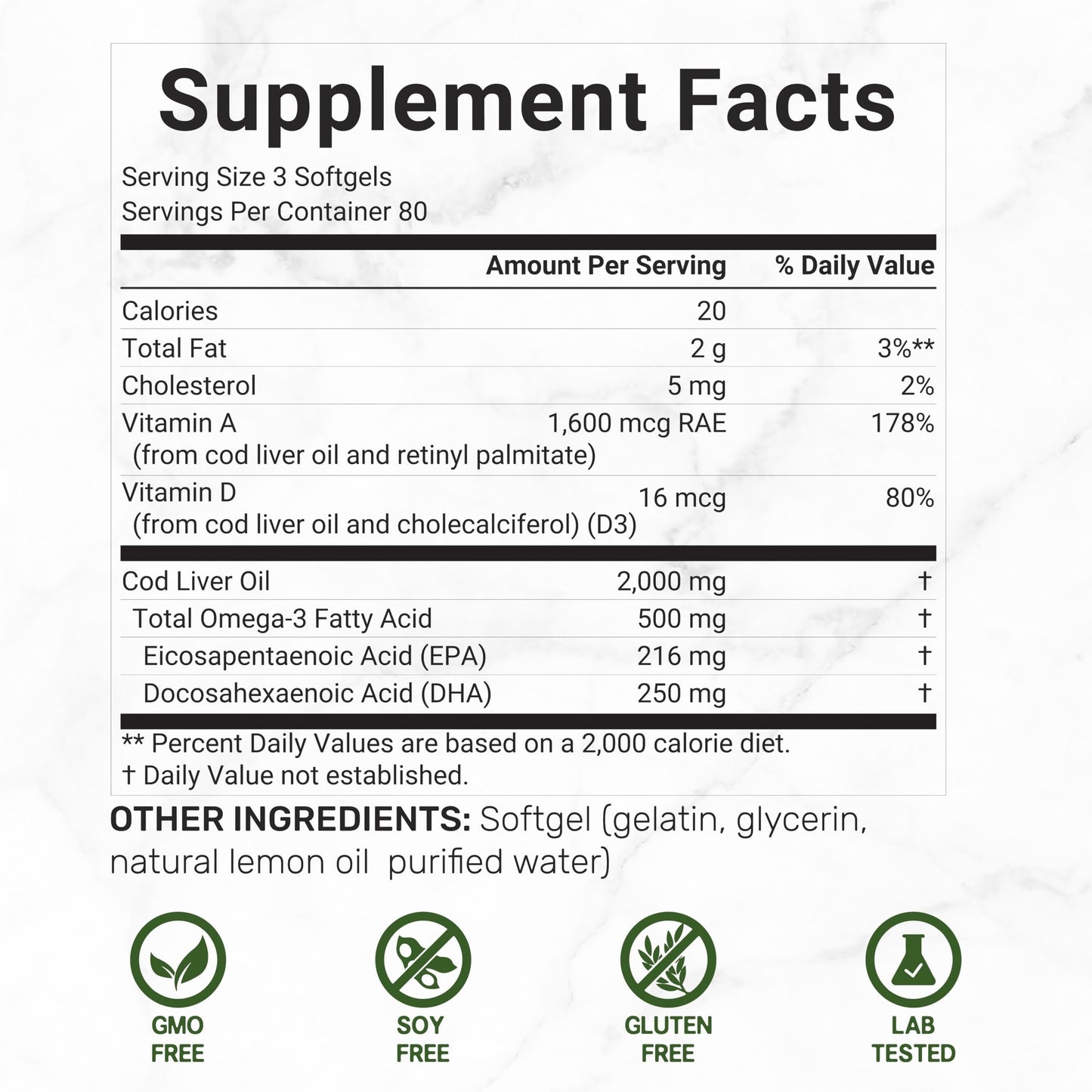 DEAL SUPPLEMENT Wild Caught Cod Liver Oil 2,000mg Per Serving Softgels, 240 Count