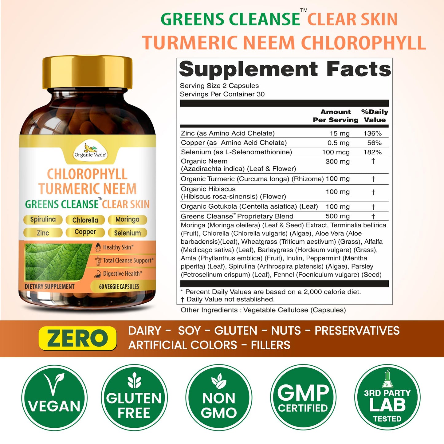 Organic Veda Chlorophyll Turmeric Neem Clear Skin Supplement - Greens Cleanse for Face Acne, Zinc with Copper Women Beauty Supplement - Chlorophyll Pills for Gut & Liver Cleansing, 60 Capsules