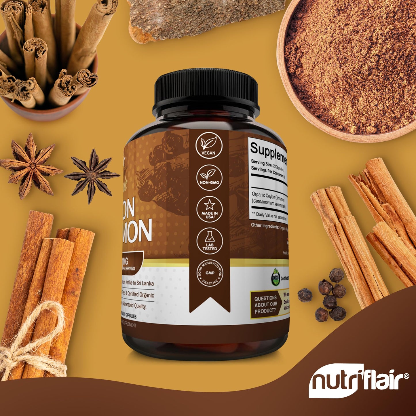 NutriFlair Organic Ceylon Cinnamon Supplement 1200mg Capsules 120 Count