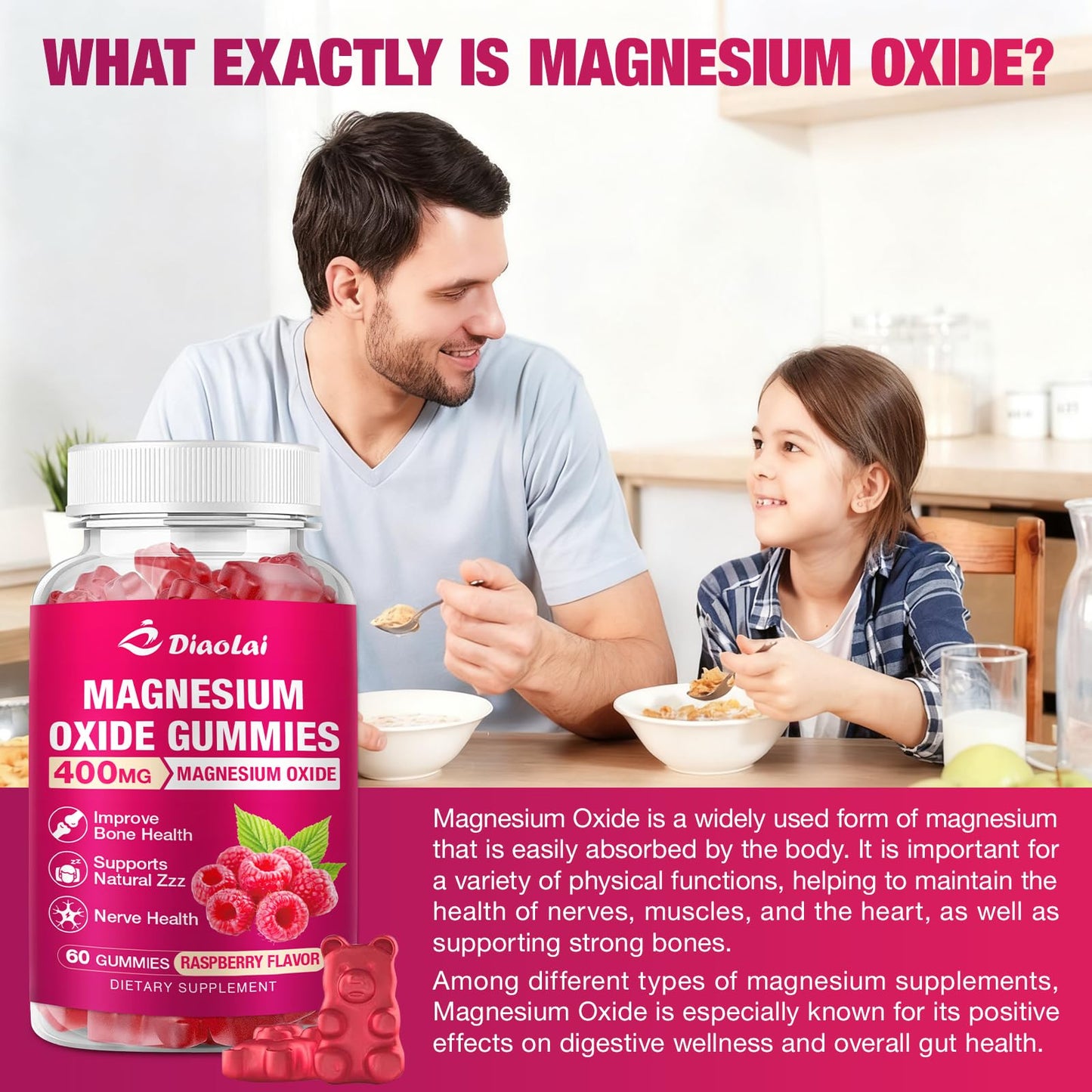 DIAOLAI Magnesium Oxide Gummies 400mg for Nerve & Muscle Support, Chewable Raspberry Flavor, Sugar-Free, Non-GMO, 120 Count