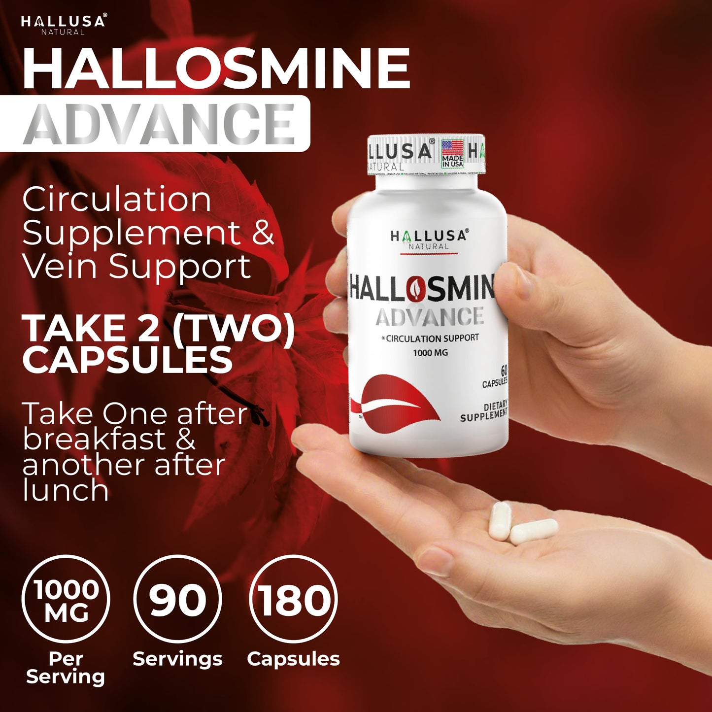 Hallusa Natural Hallosmine Advance 1000mg Diosmin, 180 Capsules
