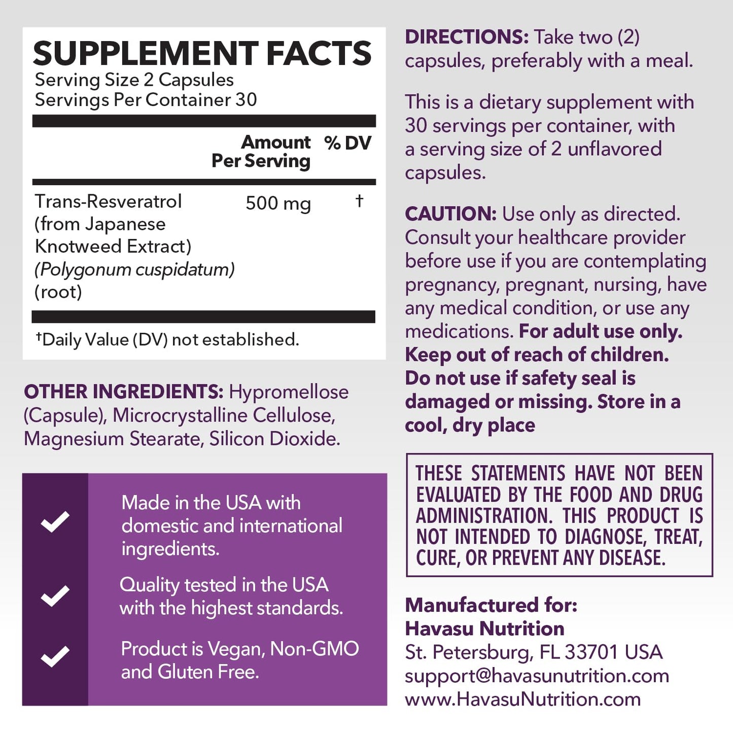 HAVASU NUTRITION Resveratrol 500mg Trans-Resveratrol Supplement from Japanese Knotweed Root, 60 Capsules