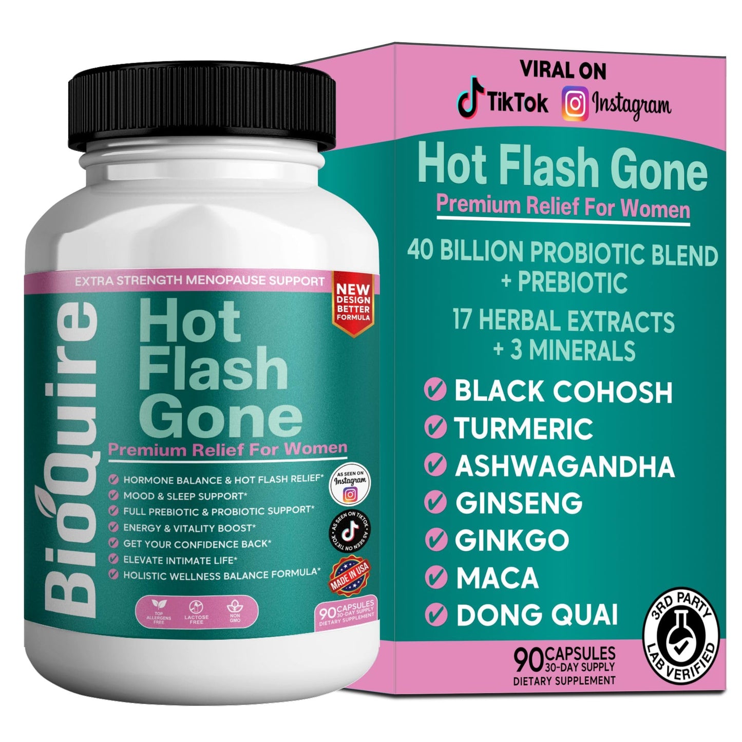 BIOQUIRE Hot Flash Gone – Menopause Support for Women, 90 Capsules