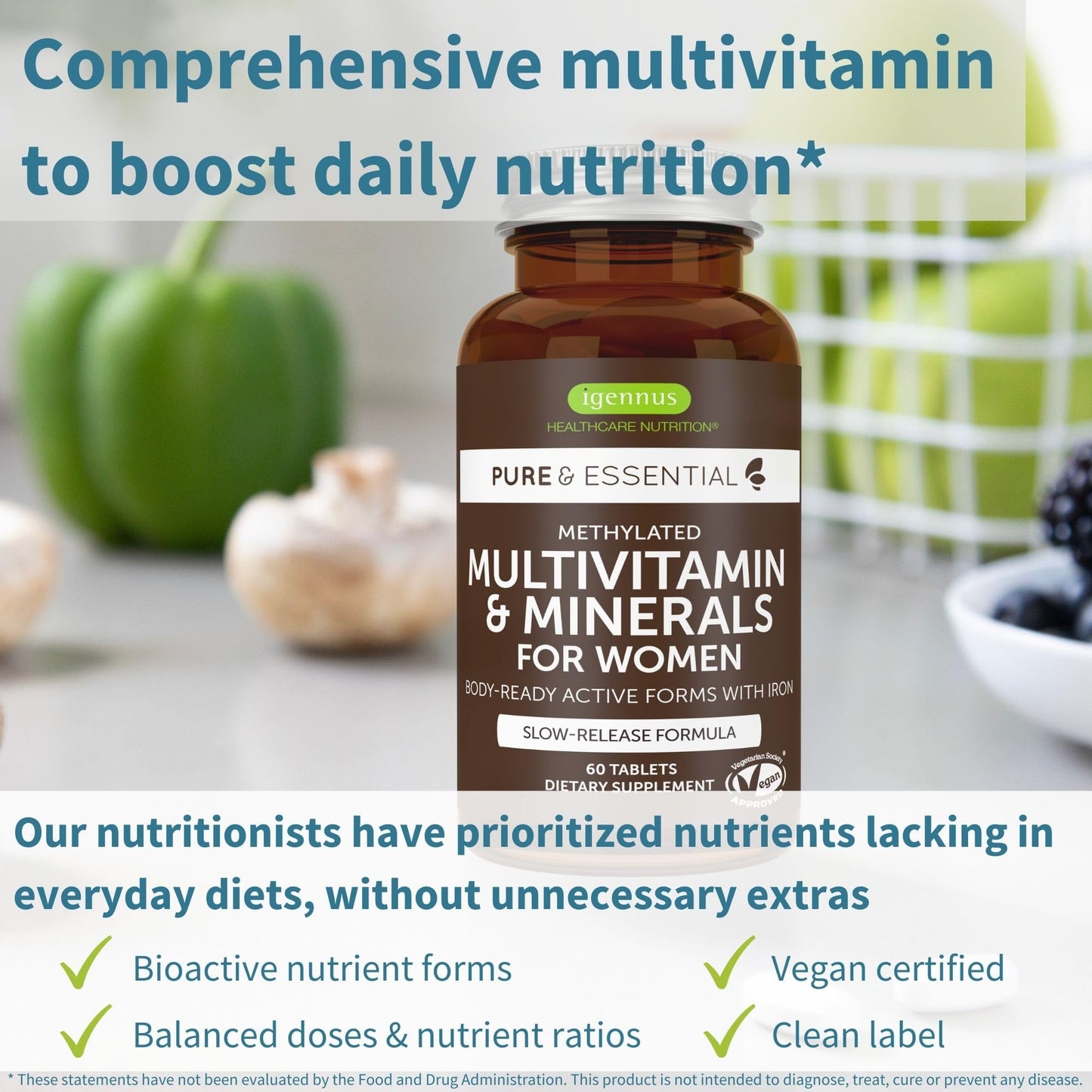 Igennus Healthcare Nutrition High Potency Methylated Multivitamin for Women with Gentle Iron, 5-MTHF Folate & Methylcobalamin B12, 60 Tablets