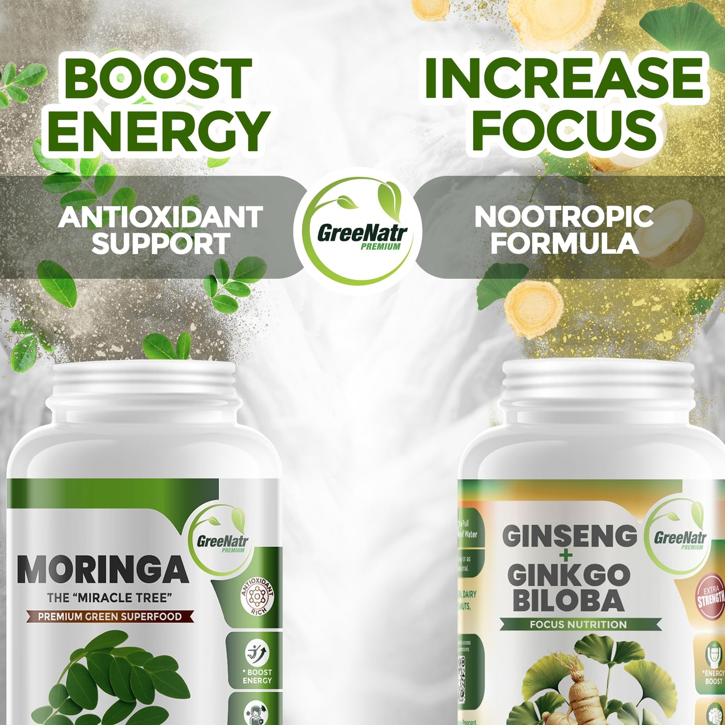 GreeNatr Ginkgo Biloba Panax Ginseng Moringa Capsules Bundle, 120 Capsules