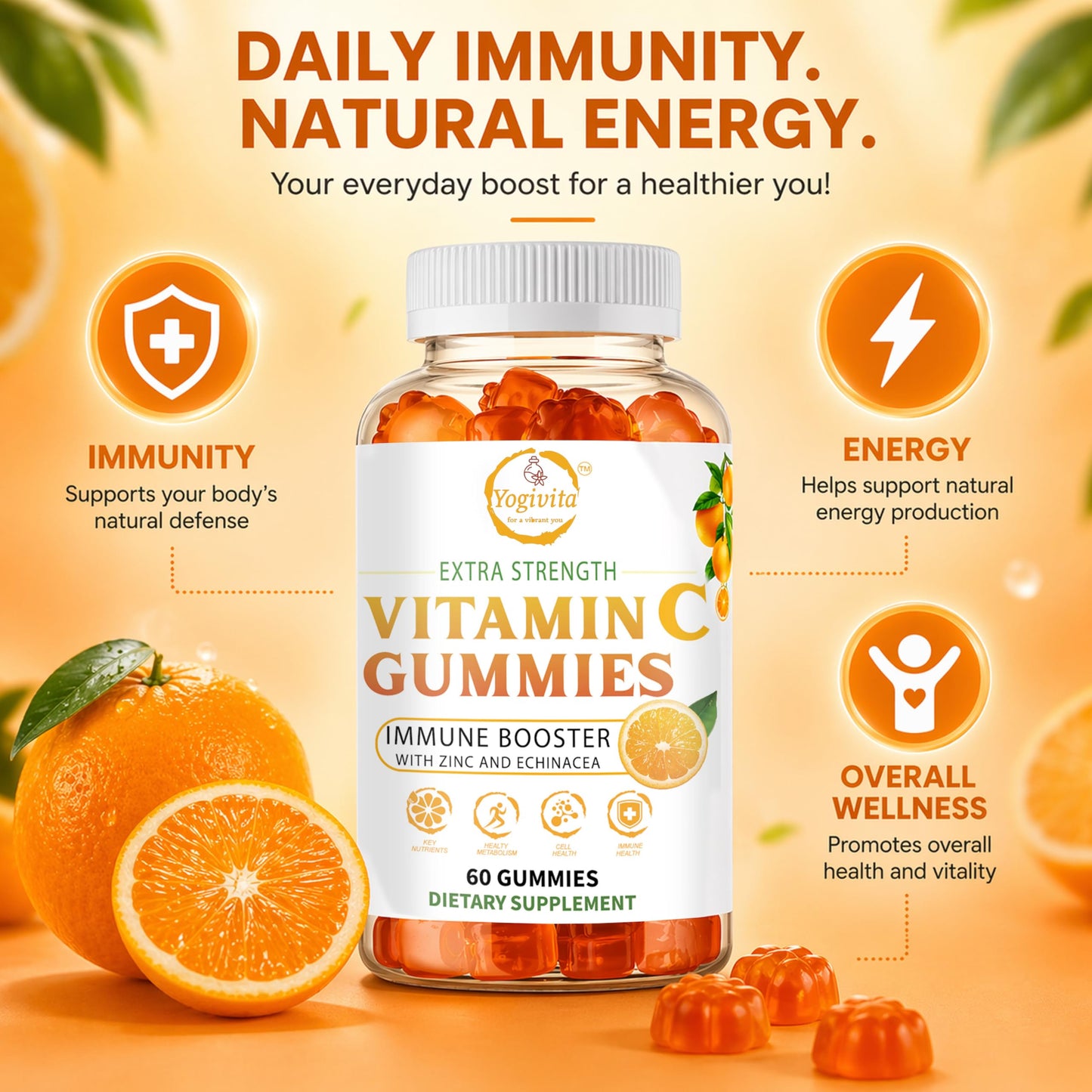 Yogivita Vitamin C Gummies with Zinc & Echinacea – Immune Support – 60 Gummies
