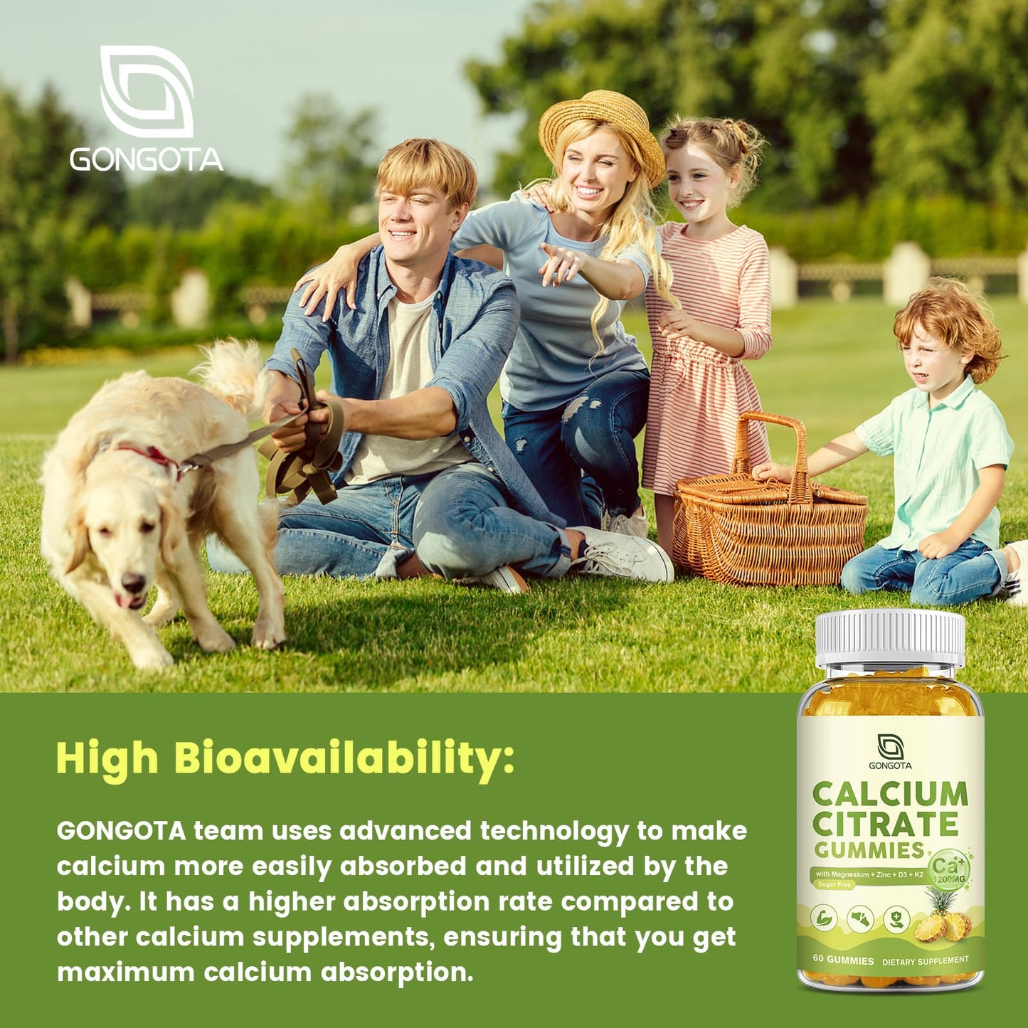 GONGOTA Calcium Citrate 1200mg with Vitamin D3 Gummies for Women, Sugar Free Pineapple Flavor, 60 Gummies