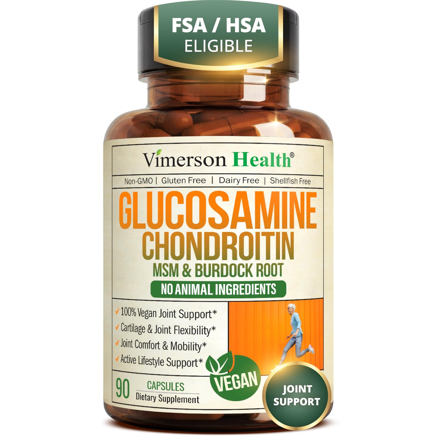 Vimerson Health Vegan Glucosamine Chondroitin MSM Joint Health Supplement with Glucosamine Sulfate 1500 mg Capsules, 90 Count