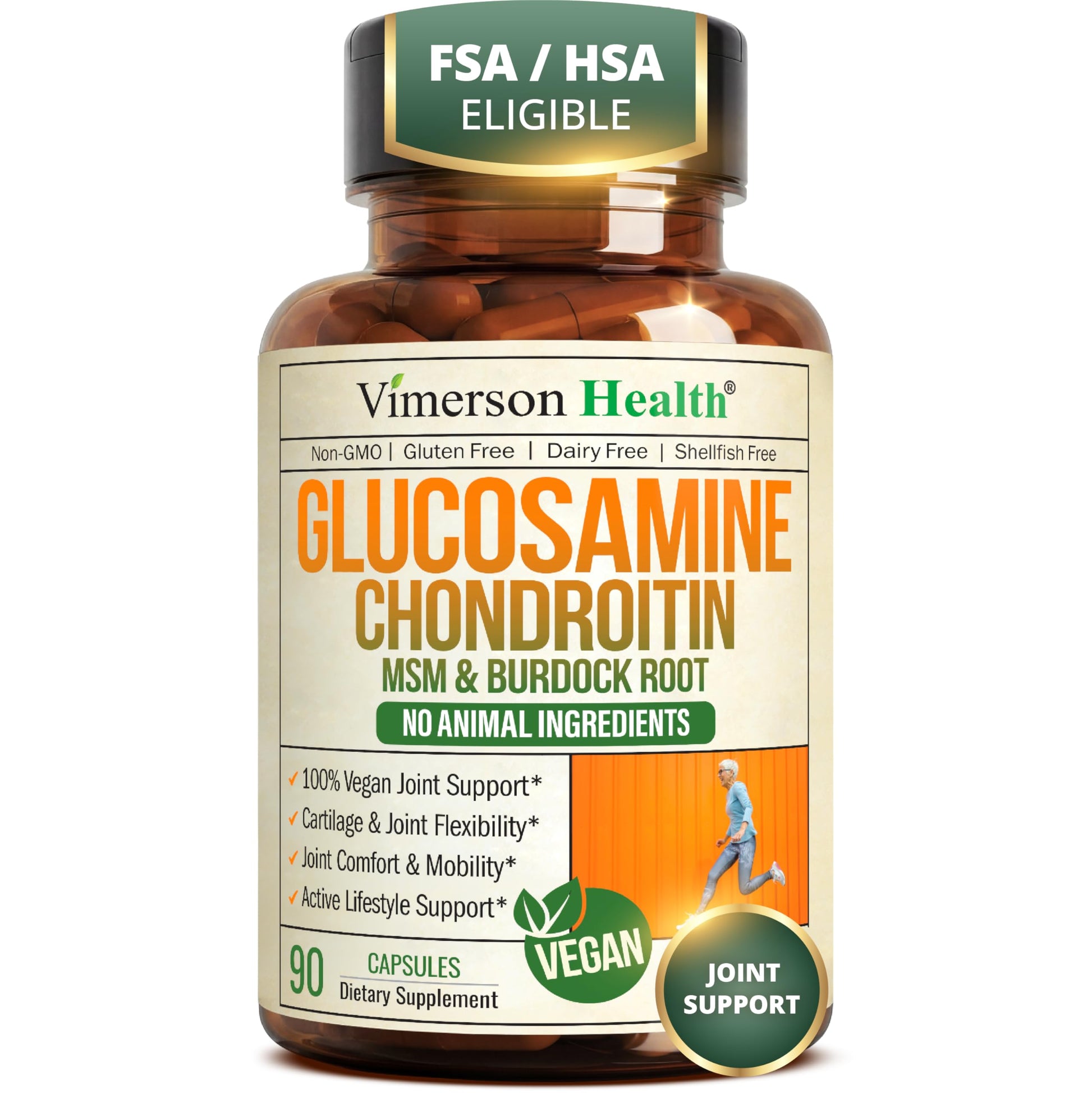 Vimerson Health Vegan Glucosamine Chondroitin MSM Joint Health Supplement with Glucosamine Sulfate 1500 mg Capsules, 90 Count