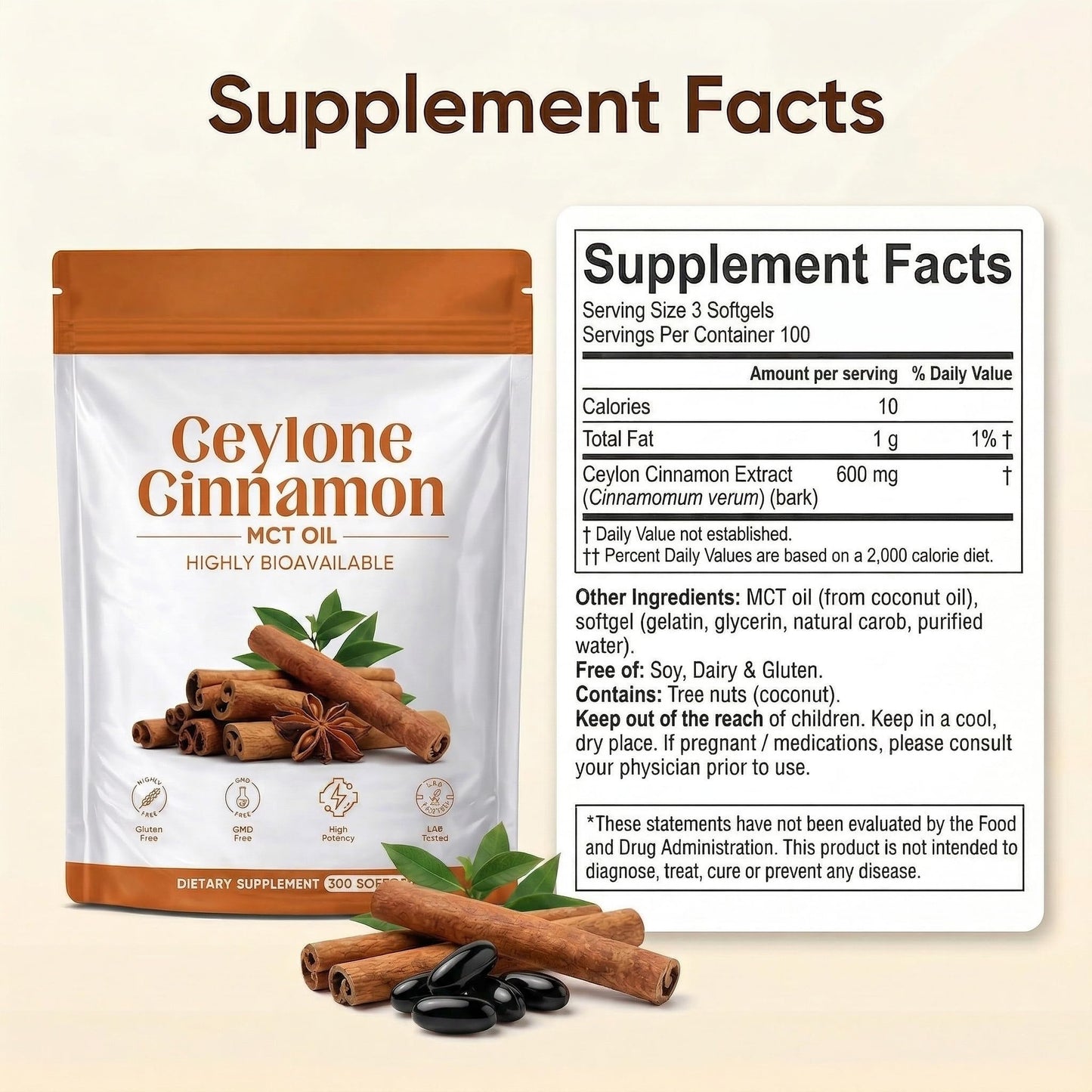 Minnah Metabolae Ceylon Cinnamon Capsules with MCT Oil, Highly Bioavailable Herbal Extract, Non-GMO, Gluten Free, 1 Capsule