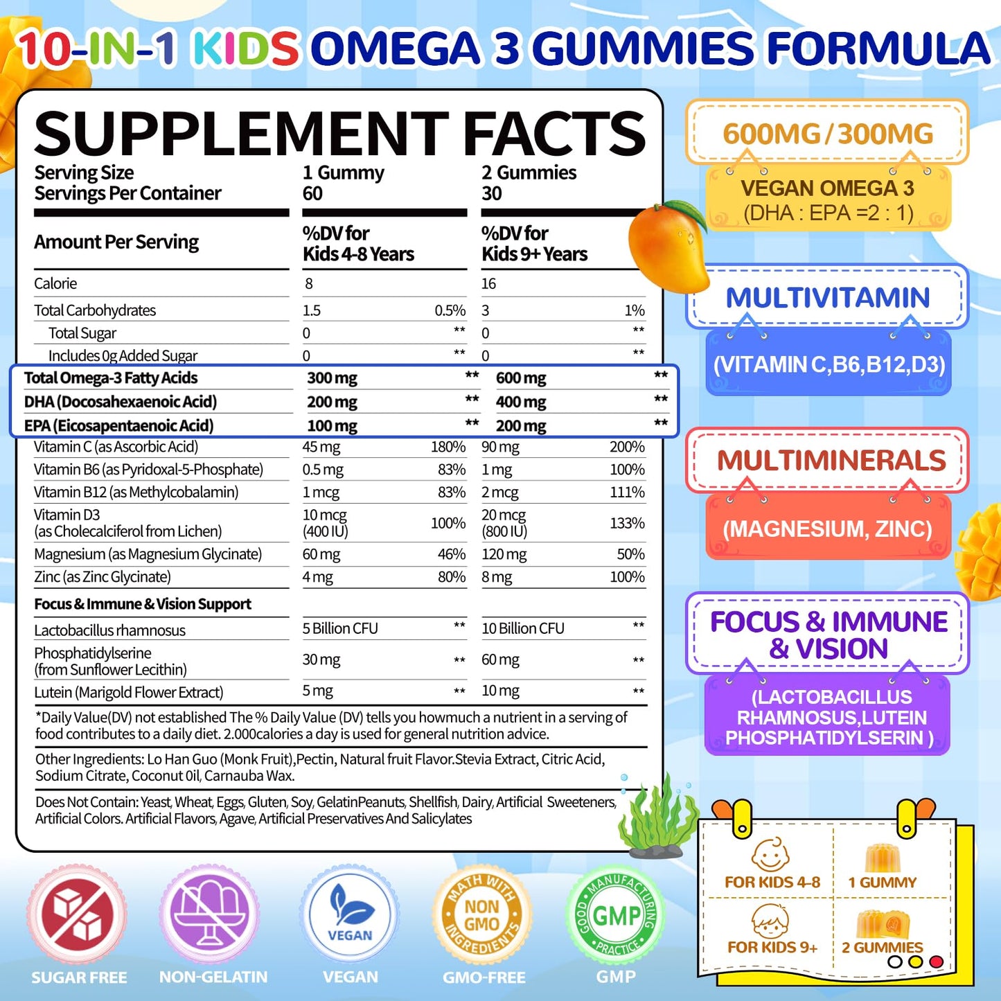 BSSTABBON Vegan Omega 3 Gummies for Kids 4+ DHA EPA with Vitamin D3 B12 Probiotic Lutein Zinc No Fish Taste Multivitamin, 60 Gummies