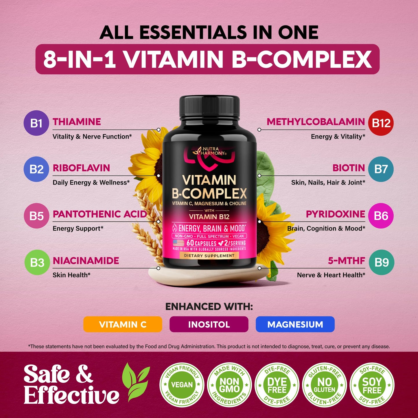 NUTRAHARMONY Vitamin B Complex for Men & Women - Made in USA - 11-in-1 B-Complex: B1, B2, B3, B5, B6, B7, B8, B9, B12 with Vitamin C, Choline, Inositol - Energy, Brain & Heart Support Supplement, 60 Capsules
