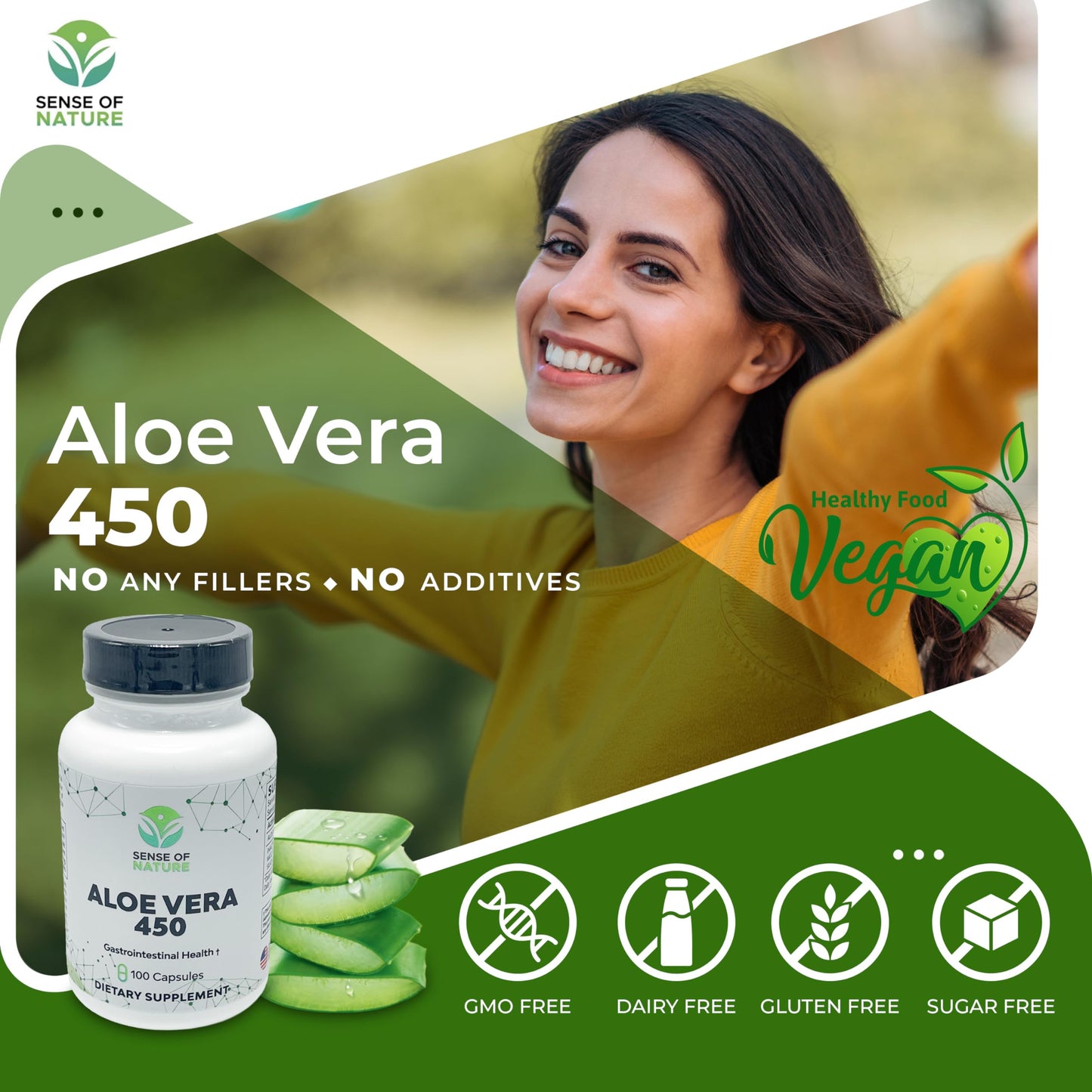 Sense of Nature Aloe Vera 450 Capsules Organic Non-GMO Digestive & Joint Support 1 Count