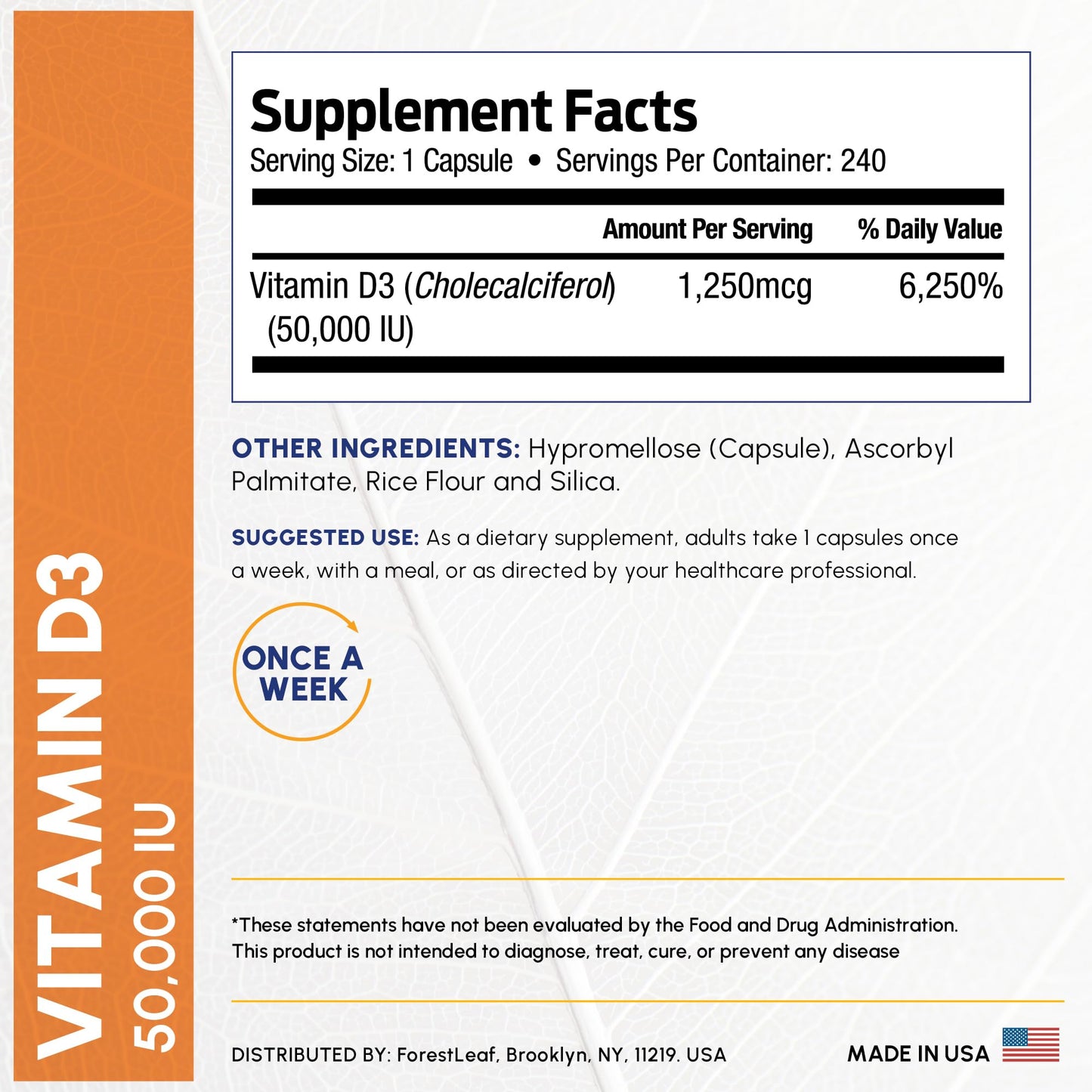 ForestLeaf Vitamin D3 50,000 IU Capsule, 240 Count