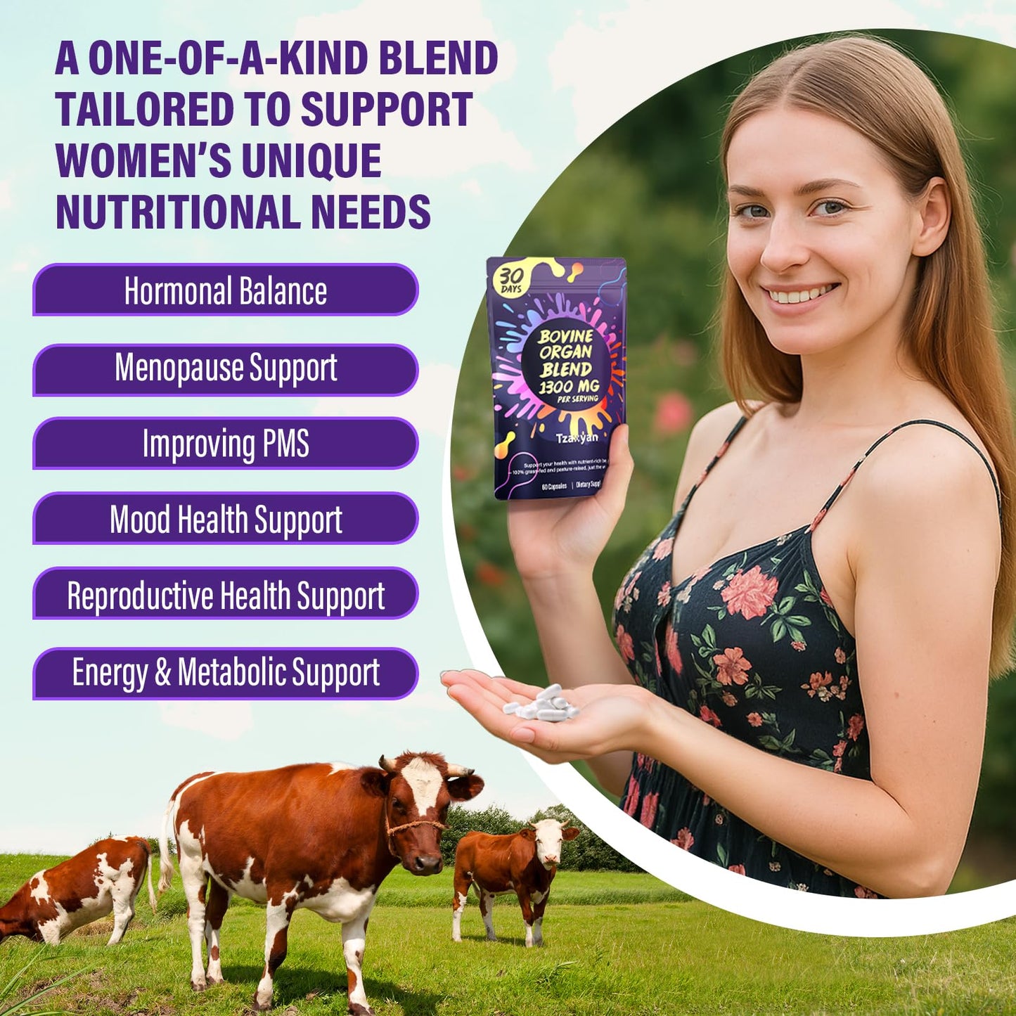 tzaxyan 1300MG Beef Organ Capsule for Women, 100% Grass-Fed Beef Liver, Uterus, Ovary & 3 More, Supports Endocrine Balance, Energy, Immunity, 60 Count