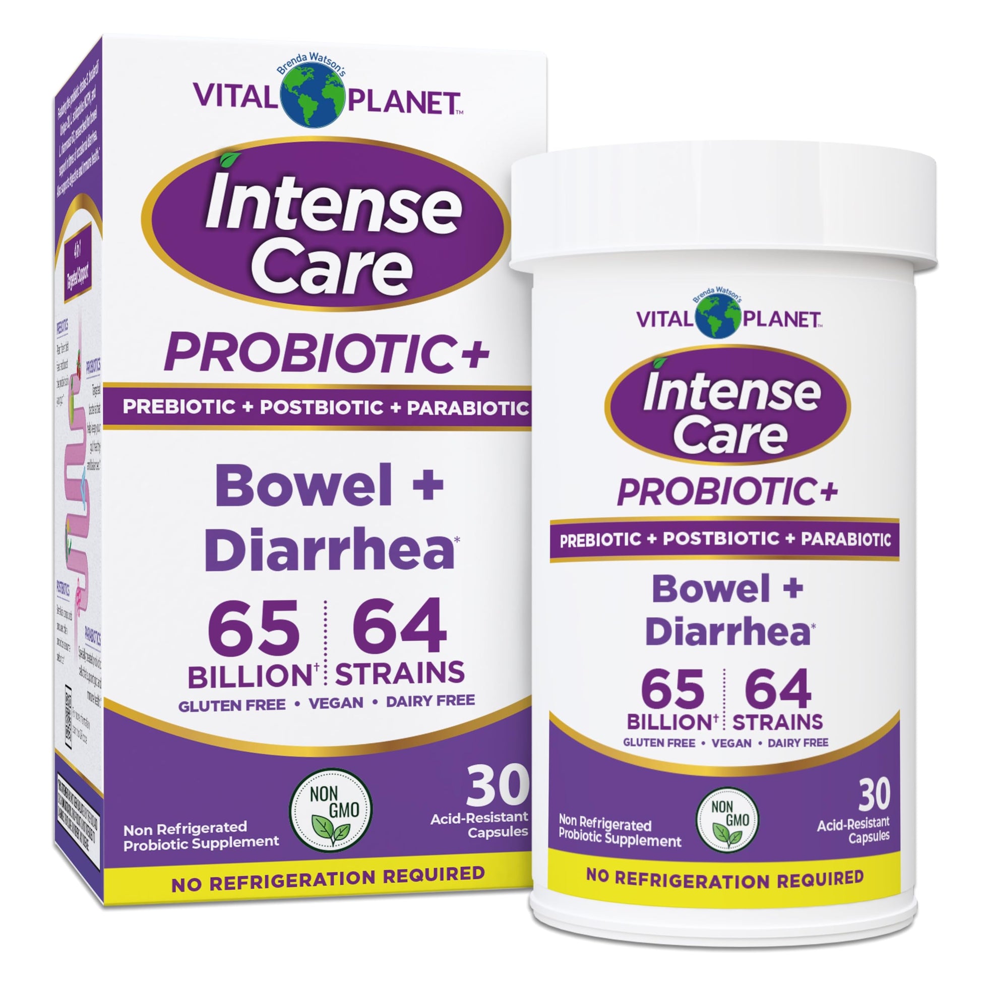 Vital Planet Intense Care Bowel and Diarrhea Probiotic Supplement with Organic Prebiotics, Postbiotics, and Parabiotics, Lactobacillus Rhamnosus and Saccharomyces, 65 Billion CFU, 64 Strains, Capsules, 30 Count