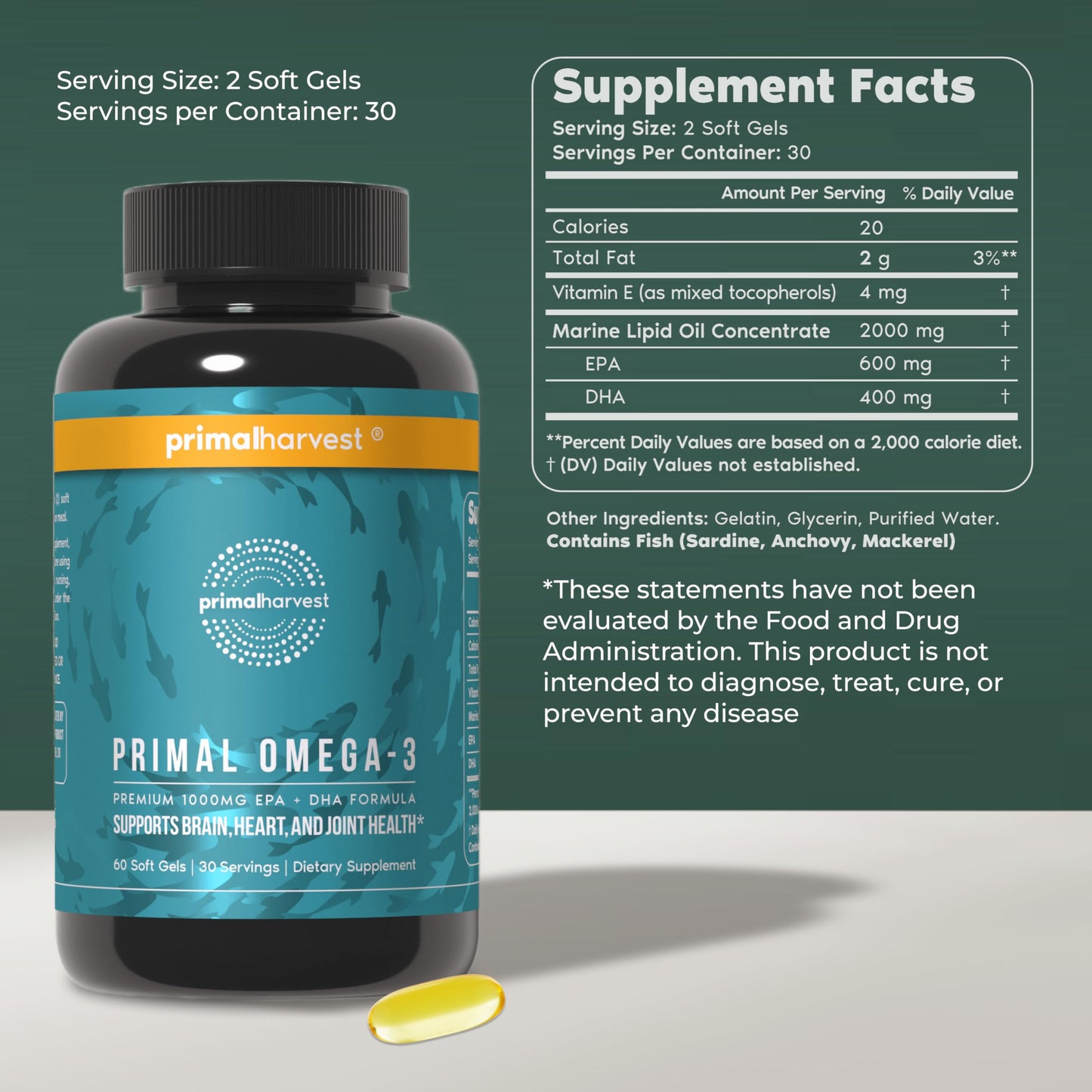 Primal Harvest Mind Fuel & Omega-3 Capsules, 2-Count
