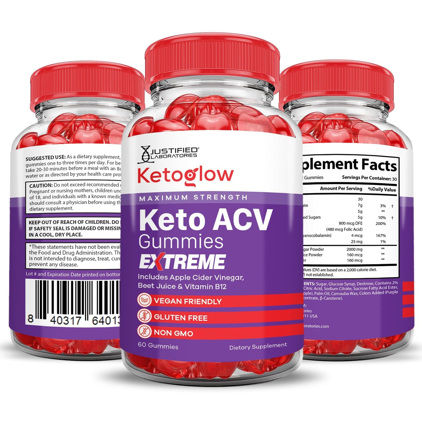 Justified Laboratories Keto Glow Keto ACV Gummies 2000mg, 180 Gummies
