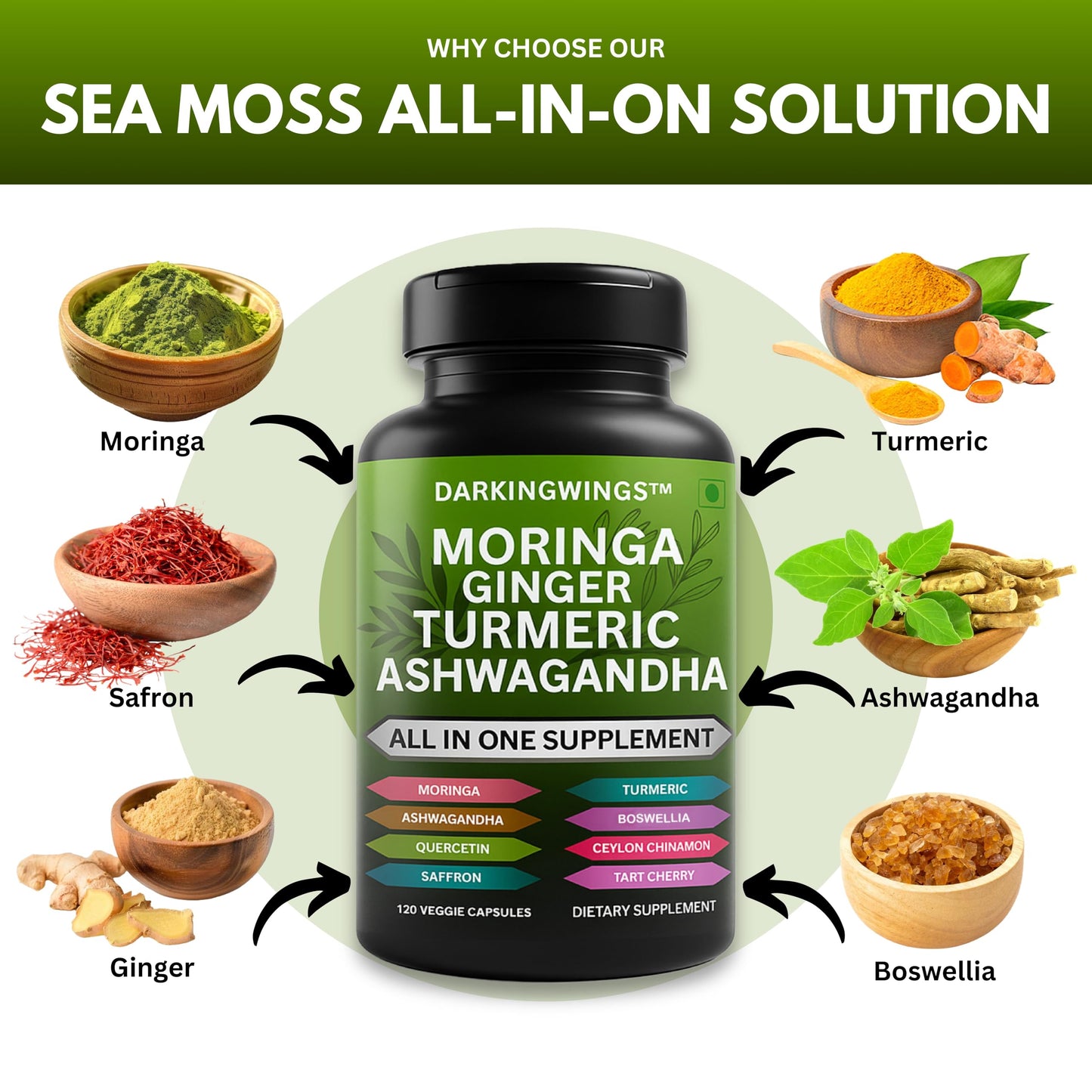 Darkingwings Turmeric Curcumin Moringa Ginger Boswellia Saffron Joint Support Capsule, 120 Count