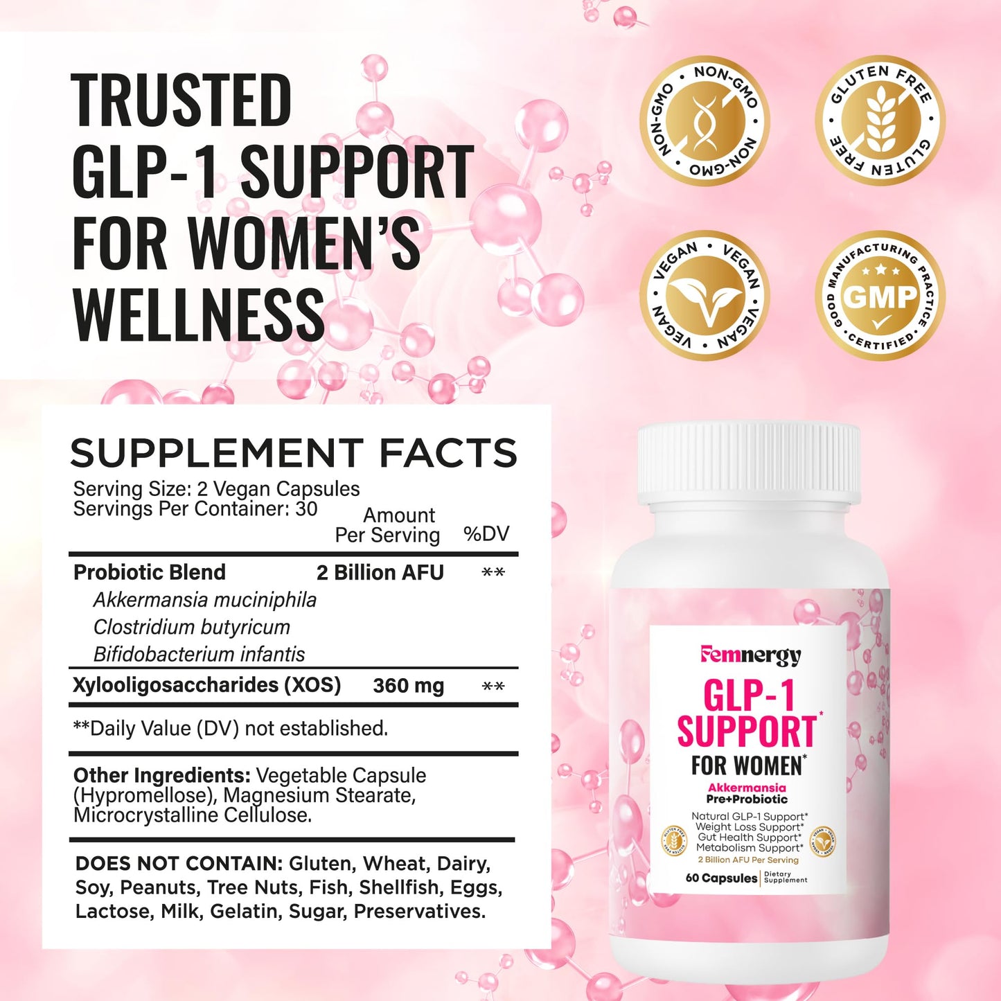 Femnergy GLP-1 Support Weight Loss Probiotic Prebiotic Supplement for Women, 60 Capsules