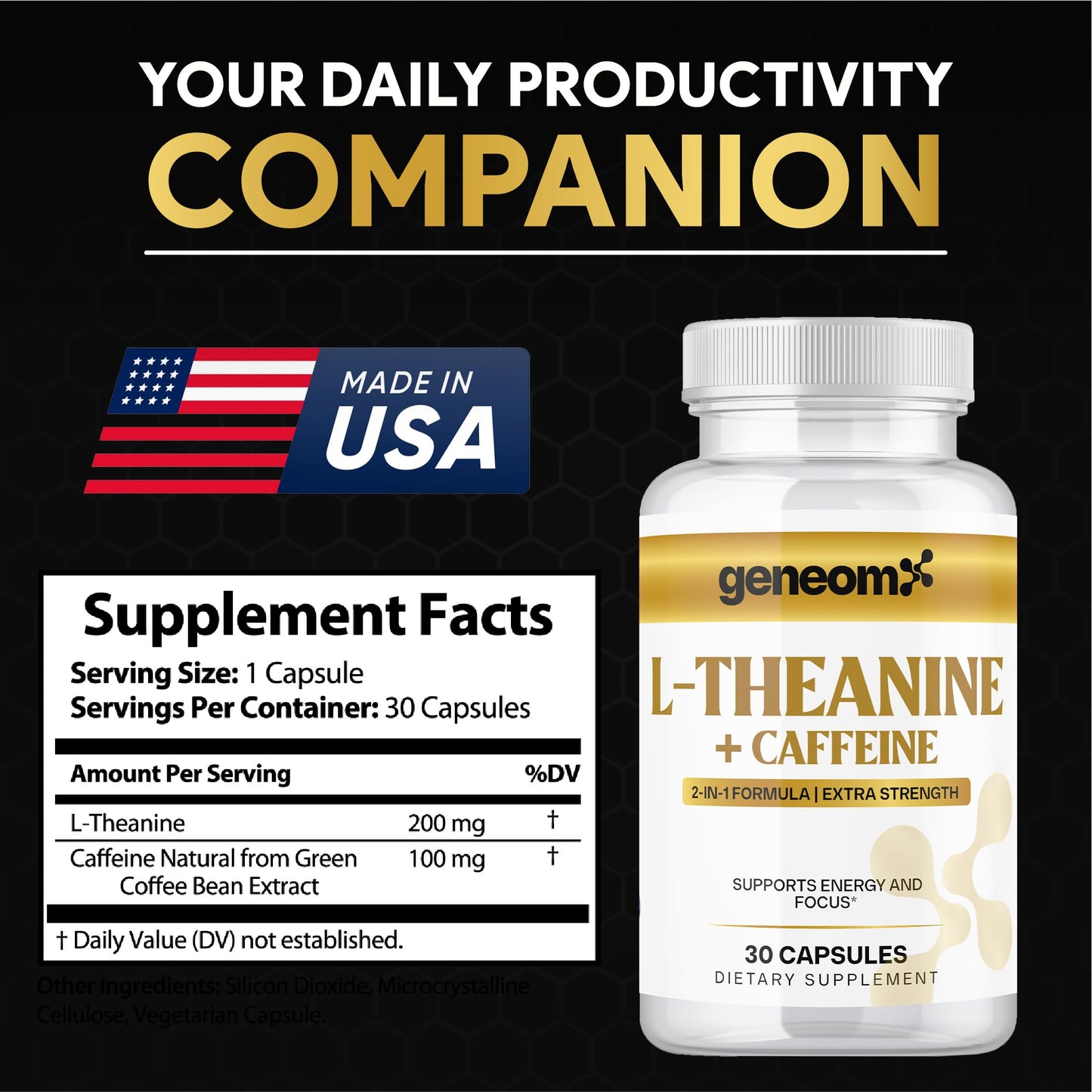 Geneomx L-Theanine + Caffeine Supplement Extra Strength 2-in-1 Formula for Mental Clarity, Energy and Focus with Natural Green Coffee Bean Extract Capsule, 30 Count