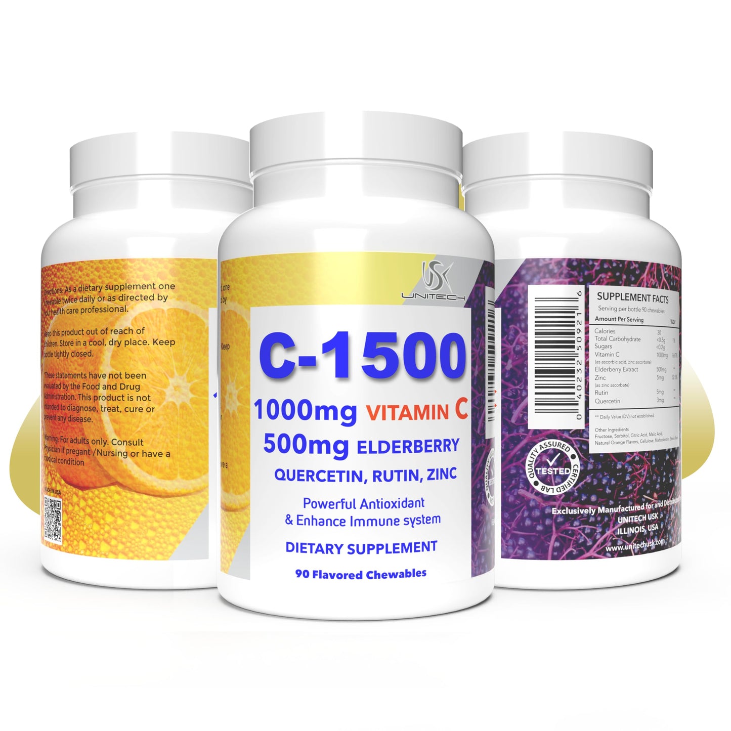 USK C-1500 Vitamin C 1000mg & Elderberry 500mg Immune Support Chewable, 1 Count