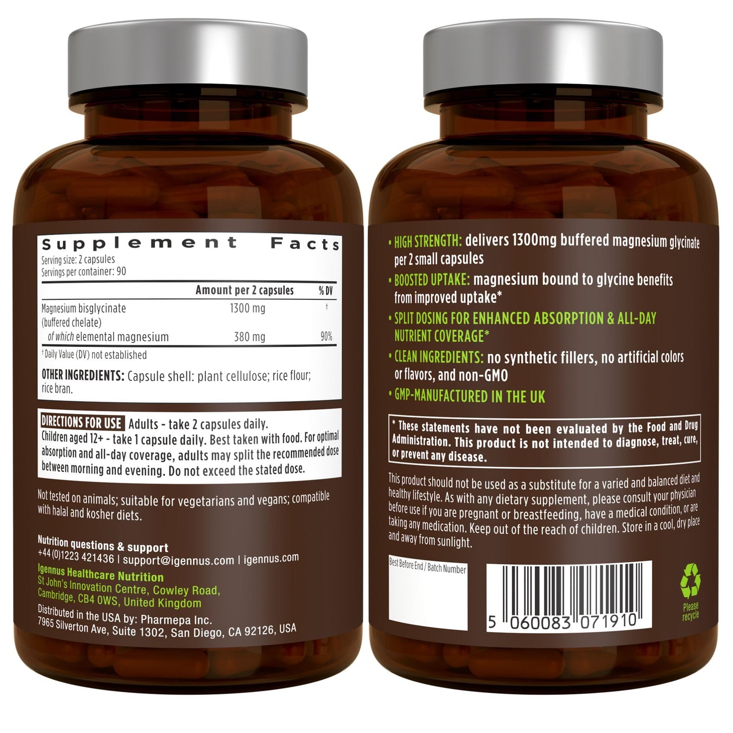 Igennus Highest Strength Chelated Magnesium Glycinate 1300mg, 380mg Elemental, Pure & Clean Buffered Magnesium Bisglycinate, Vegan, 180 Capsules