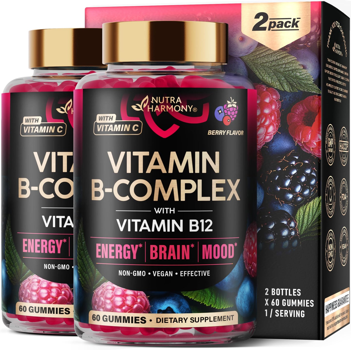 NUTRAHARMONY Vitamin B-Complex Gummies - B Vitamins with Vitamin C & Choline - Energy, Brain & Mood - Vegan, Natural Berry Flavor - 120 Gummies