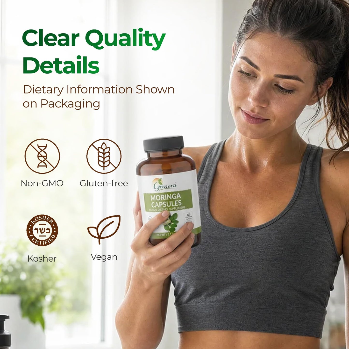 Grenera Moringa Capsules 500mg Moringa Oleifera Leaf Powder, Capsule, 120 Count