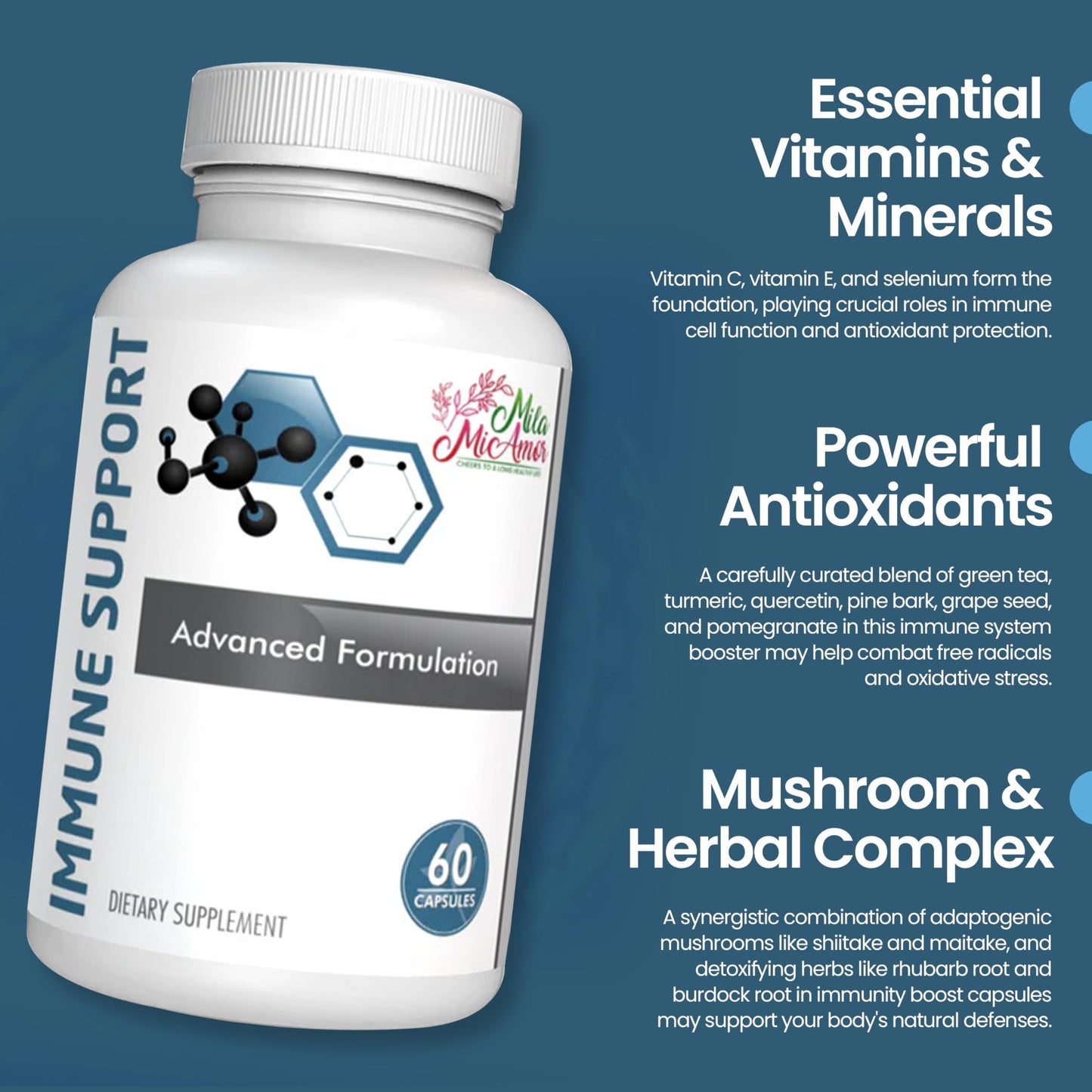 Mila Miamor Immune Support Supplement with Vitamins C, E, Minerals & Herbal Complex – Antioxidant & Detox Support, 60 Capsules