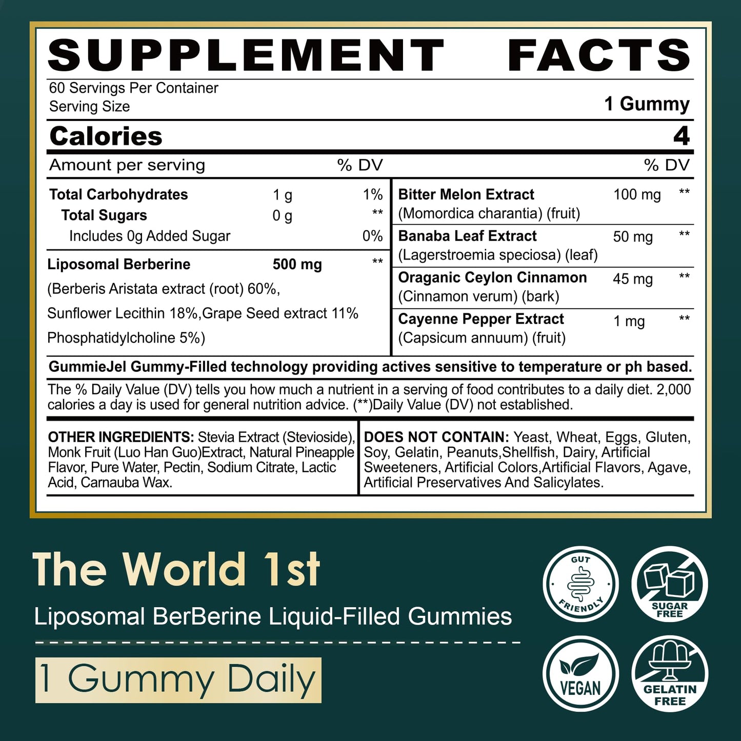 LILICARE Berberine 500mg Supplement Liposomal Gummies, 60 Count