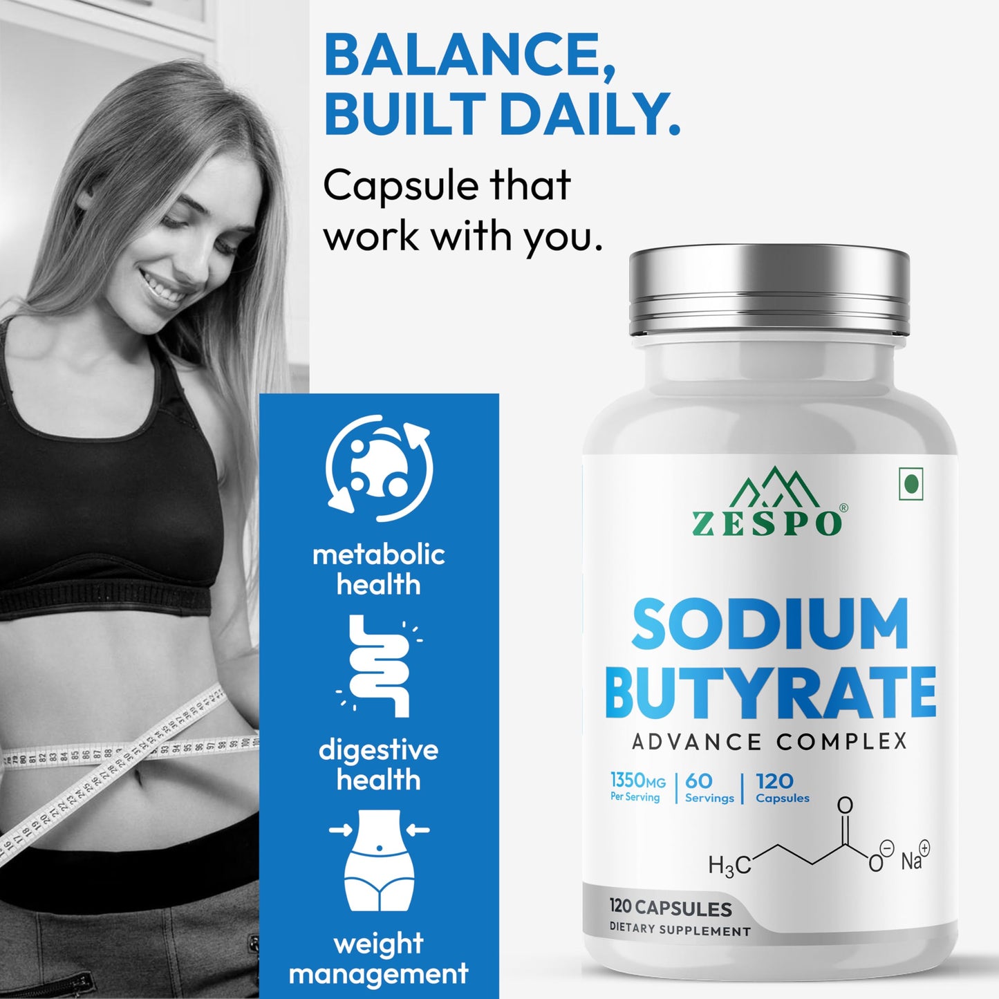 Zespo Sodium Butyrate 1000 mg (1350 mg Advanced Complex) – Micro-Encapsulated Butyrate with Tributyrin, Calcium BHB & Baobab – 120 Capsules