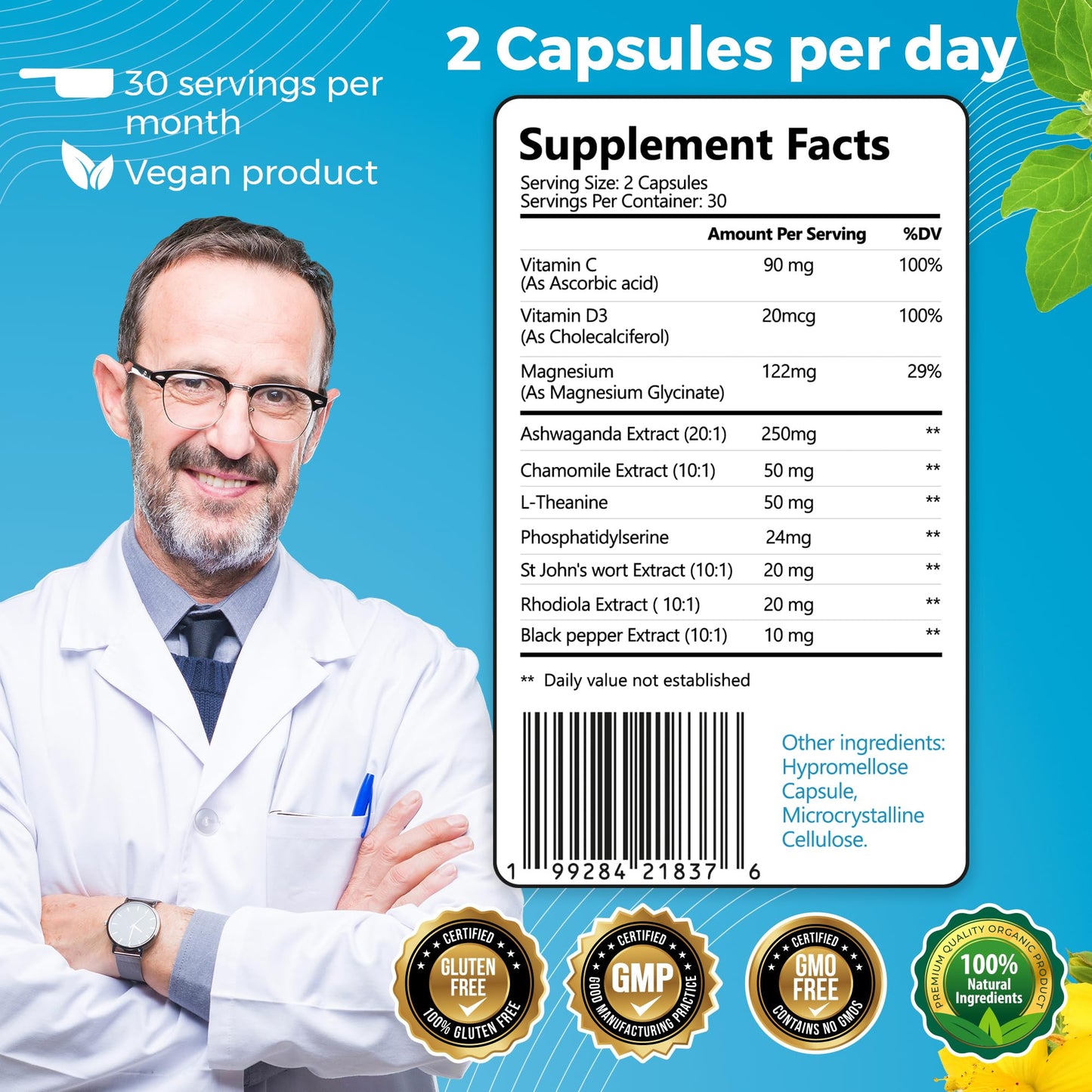 Welldiet 10-in-1 Cortisol Supplements with Magnesium, Ashwagandha, Chamomile, L-Theanine, St. John's Wort, Rhodiola Capsules, 60 Capsules