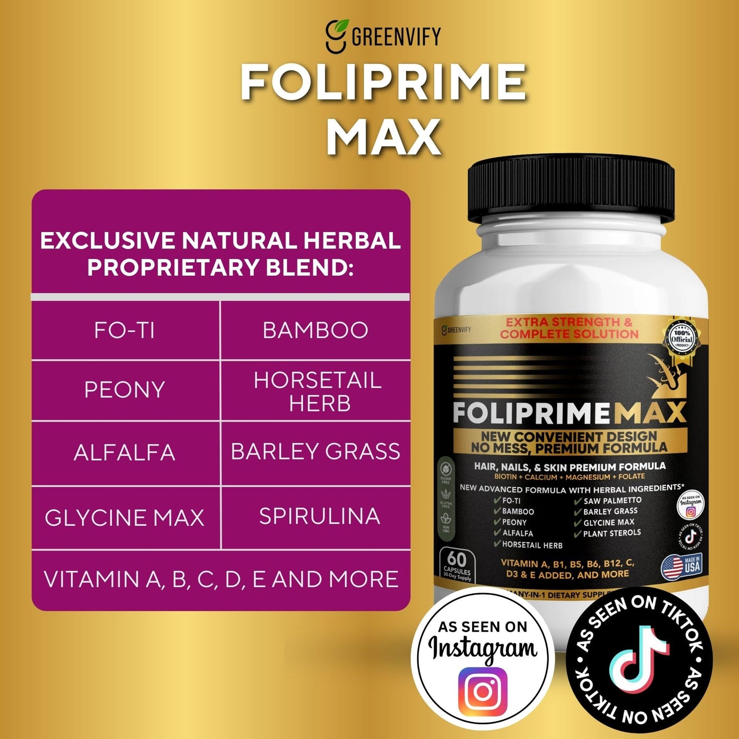 GREENVIFY Foliprime Max Hair, Nails & Skin Supplement with Biotin, Vitamins, Minerals & Herbal Blend, Capsule, 60 Capsules