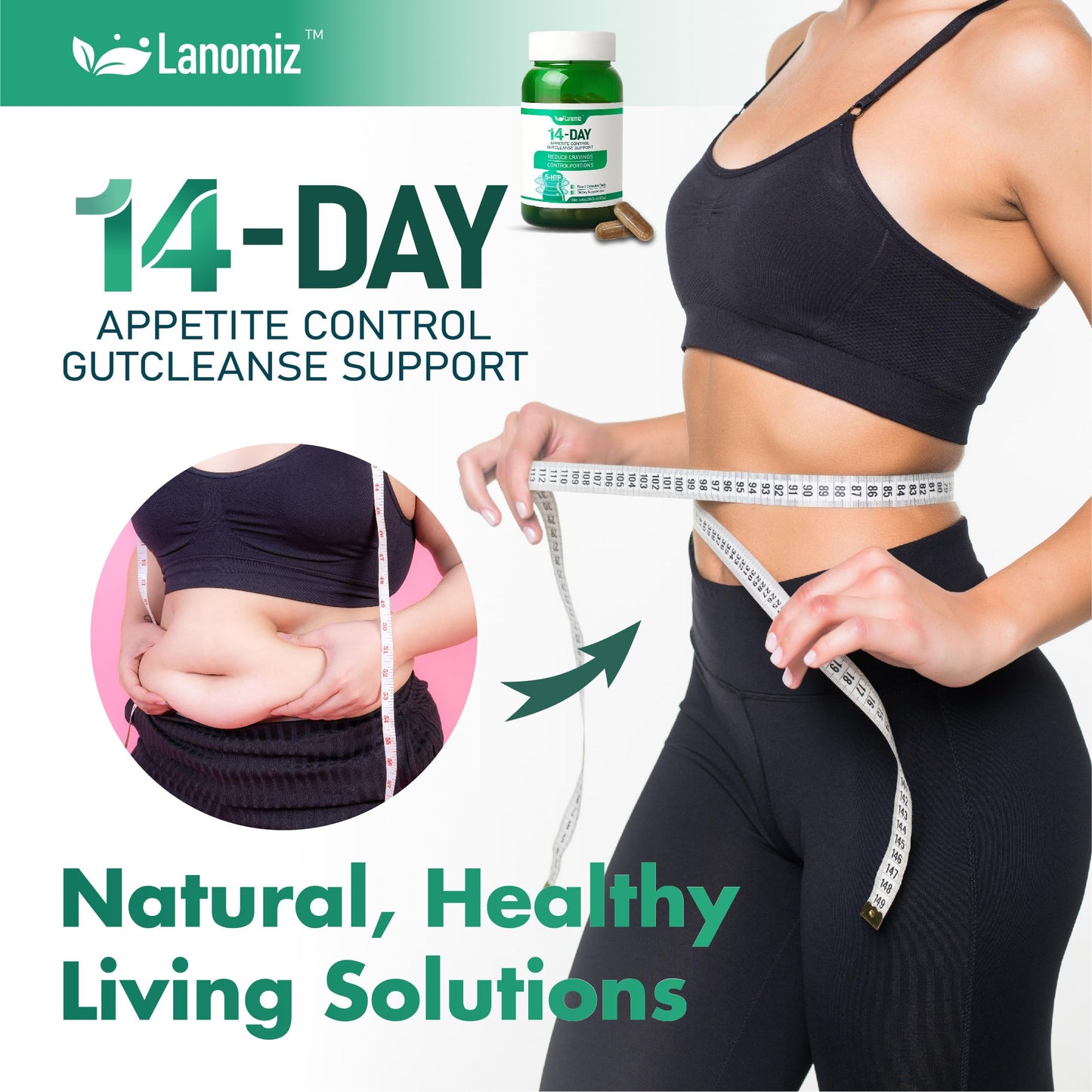 Lanomiz 14DAY Appetit & Craving Control Gut Health Complex Featuring Delayed-Release Probiotics & White Kidney Bean Extract 5-HTP 60 Capsules