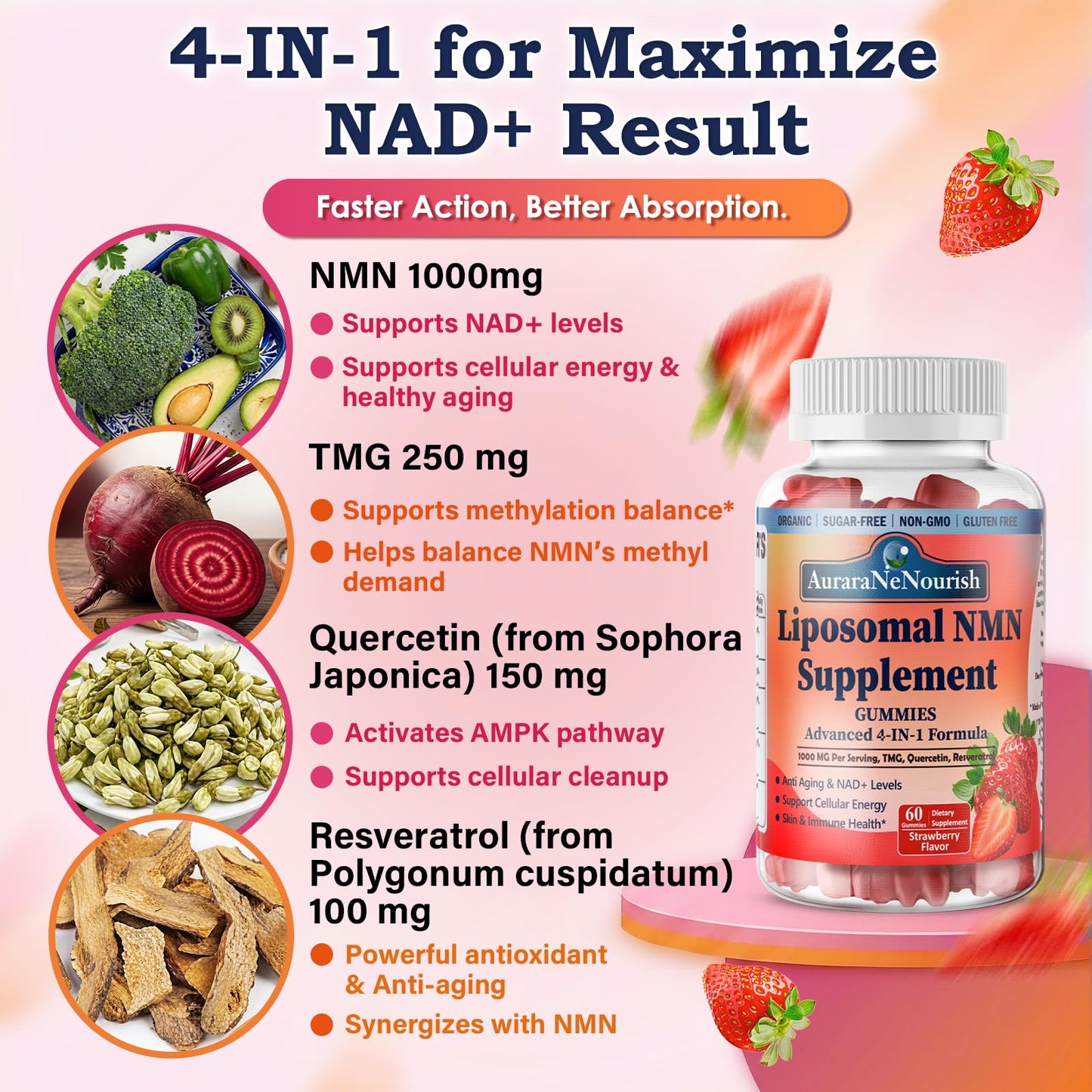AuraraNeNourish NMN Supplement 1000mg Pure, 4-in-1 Liposomal NMN Resveratrol Gummies w.Quercetin & TMG, Nicotinamide Mononucleotide NAD+ Precursor for NAD+ Levels, Cellular Energy & Healthy Aging, 60 Count
